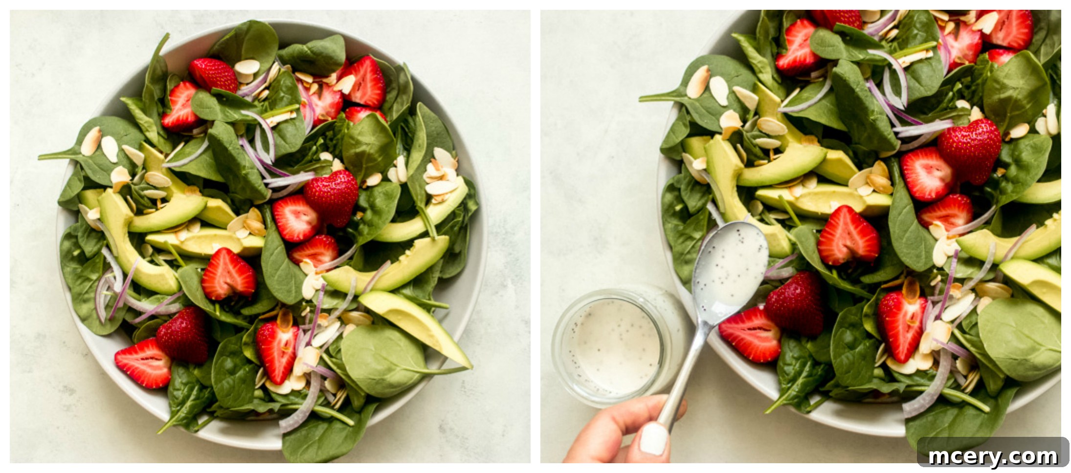 strawberry avocado spinach salad in white bowl