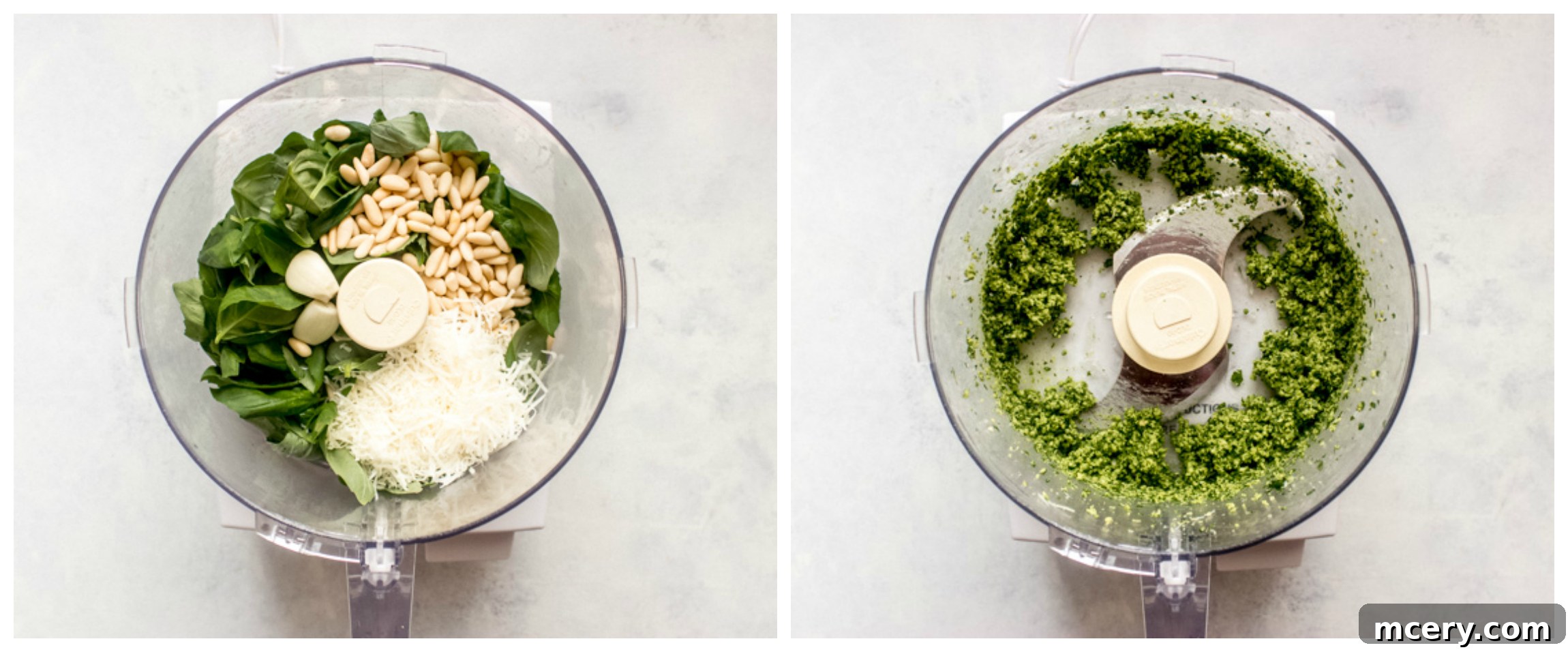 Fresh basil leaves, grated Parmesan cheese, pine nuts, and garlic being pulsed together in a food processor.