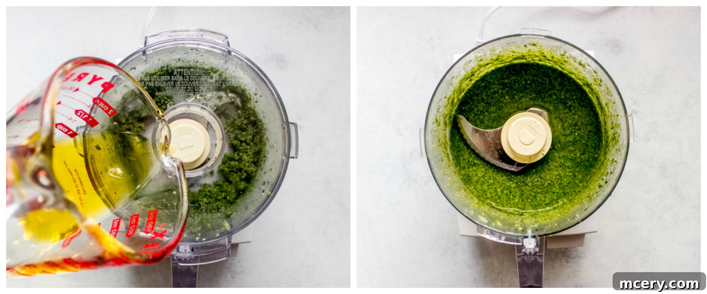 A thin stream of extra virgin olive oil being poured into a food processor with partially blended basil pesto ingredients, creating a smooth emulsion.