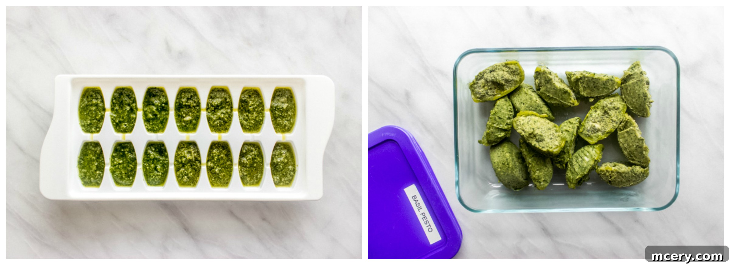 Individual portions of frozen basil pesto in an ice cube tray, signifying effective long-term storage.