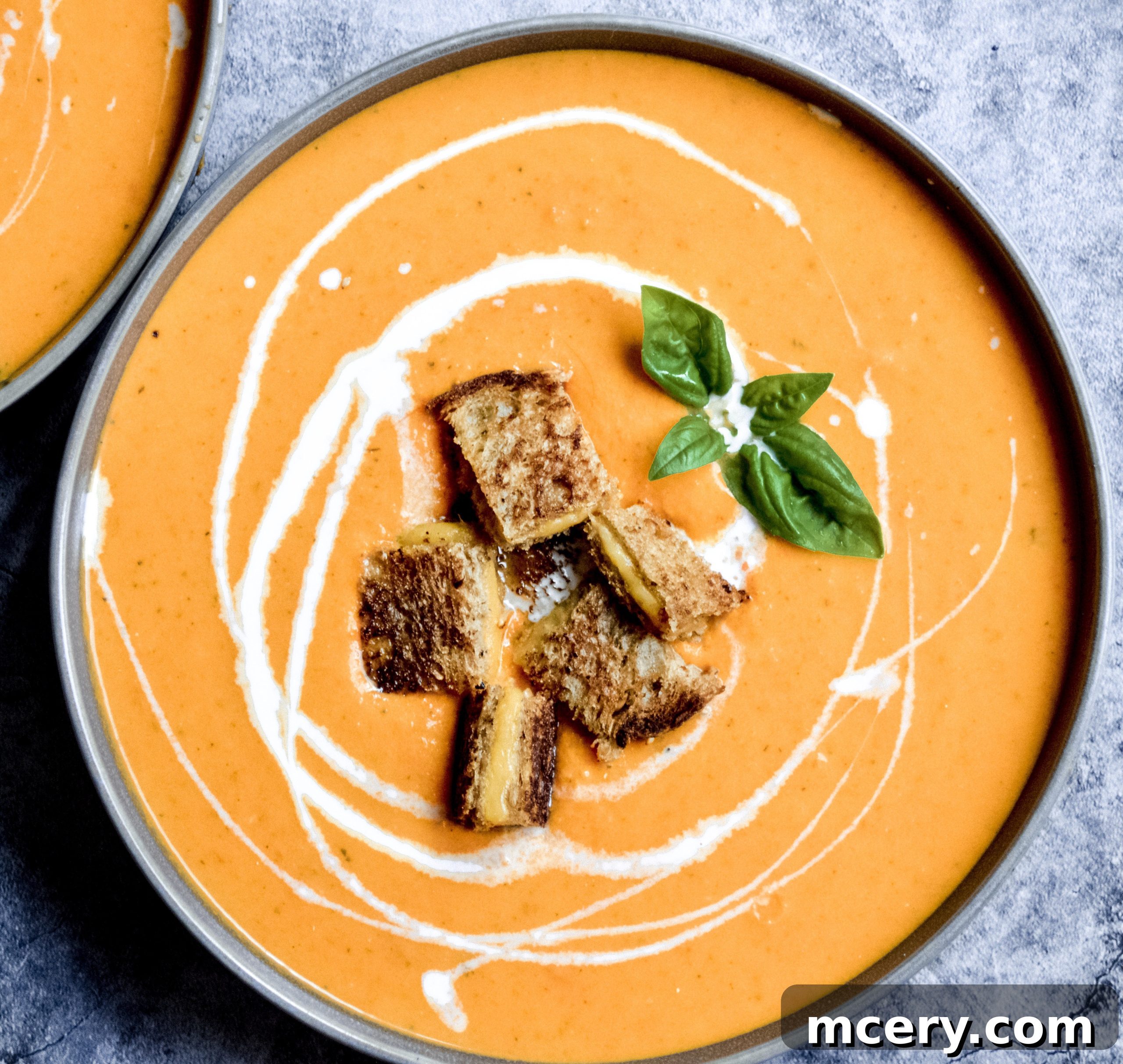 A beautiful bowl of rich and creamy Roasted Tomato Soup, garnished with fresh basil leaves, suggesting comfort and deliciousness.