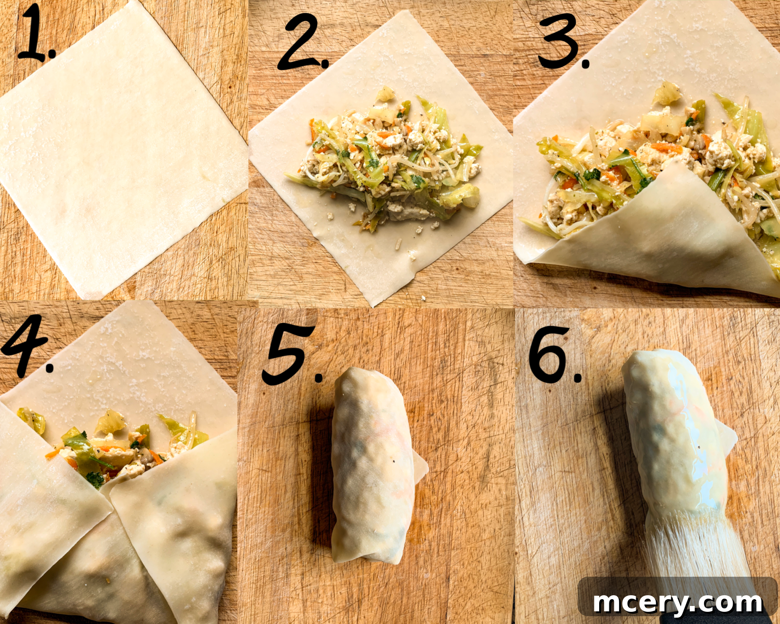 Golden Crispy Air Fryer Veggie Tofu Rolls 5 Step-by-step visual guide on how to properly wrap an egg roll for a secure seal.