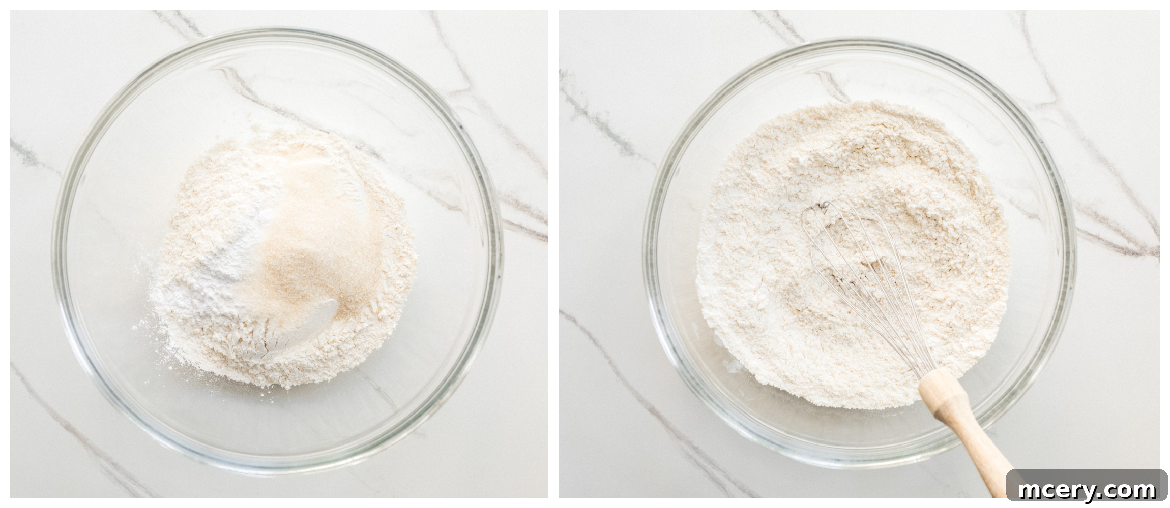 Flour mixture in a mixing bowl, ready for wet ingredients.