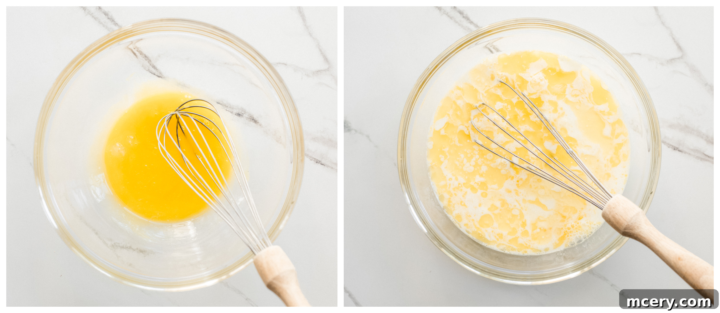 Egg yolk mixture with milk, butter, and vanilla in a mixing bowl.