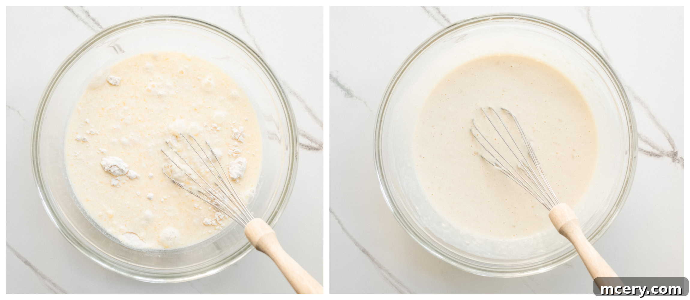 Wet and dry ingredients being combined in a bowl to form the pancake batter.