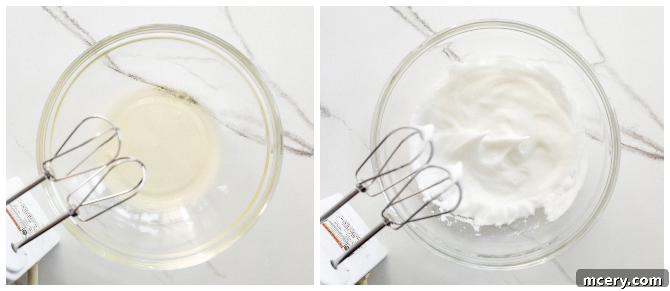 Beaten egg whites forming stiff peaks in a mixing bowl.