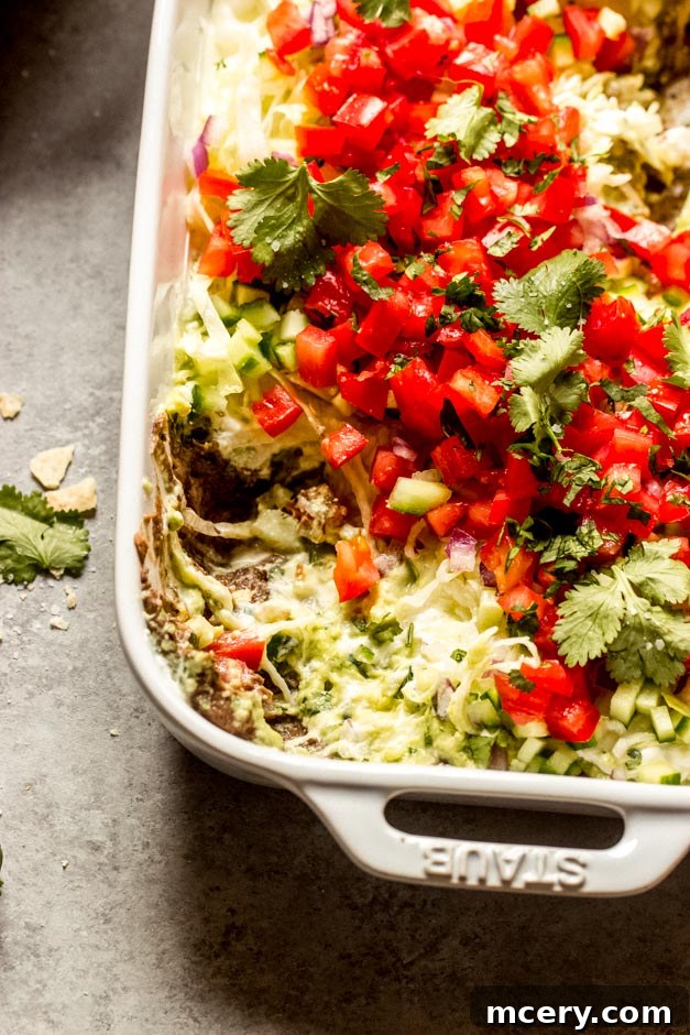 Vibrant Veggie Stack Dip 3 side close up 7 layer dip