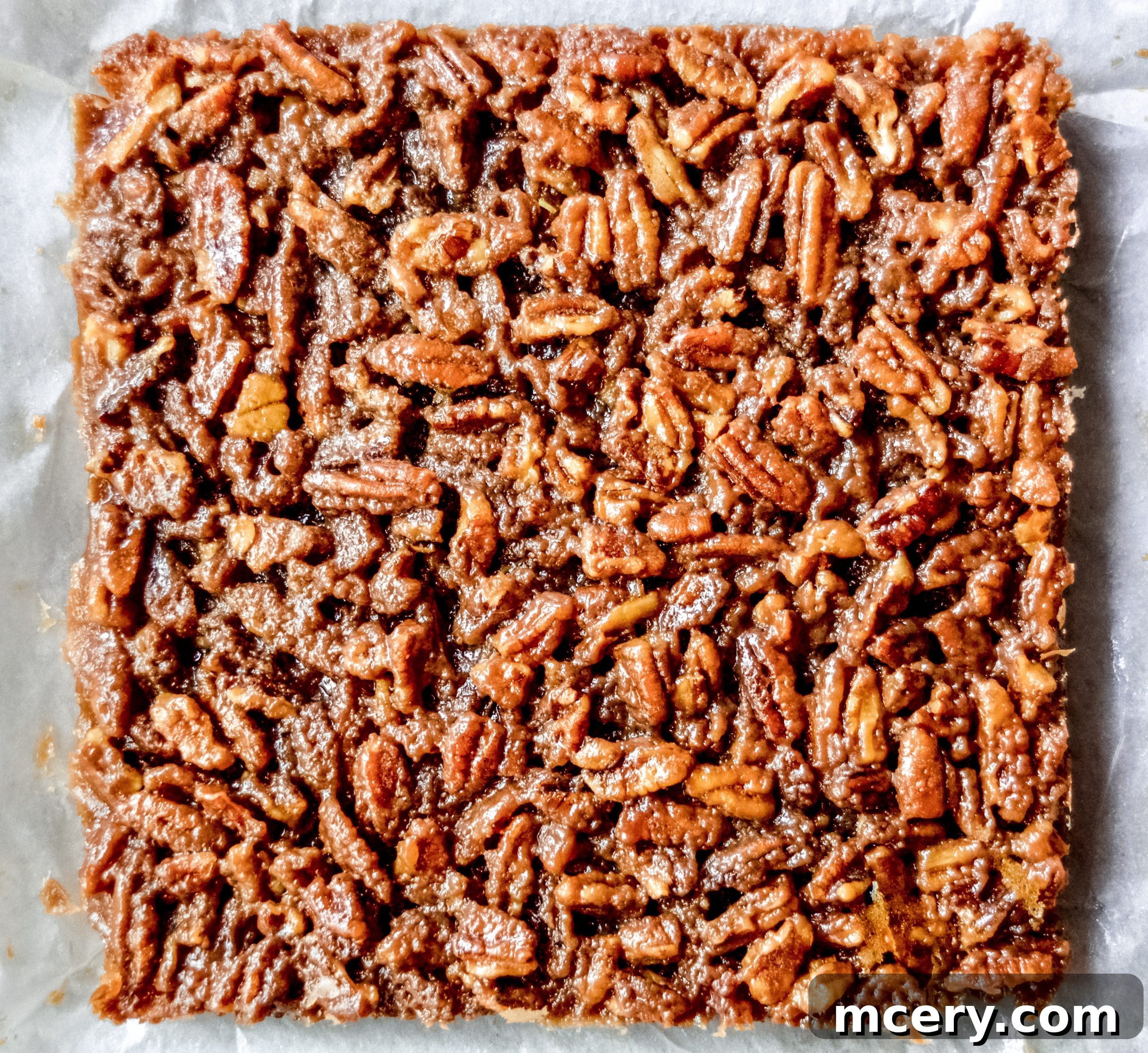 A freshly baked batch of Pecan Pie Bars, cut into squares and arranged on a cooling rack over parchment paper.