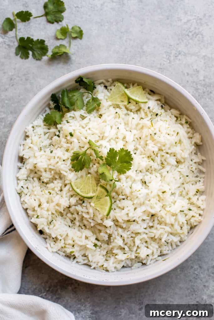 Vibrant Coconut Cilantro Lime Rice 2 A beautifully presented bowl of coconut lime rice, garnished with fresh cilantro and a slice of lime.