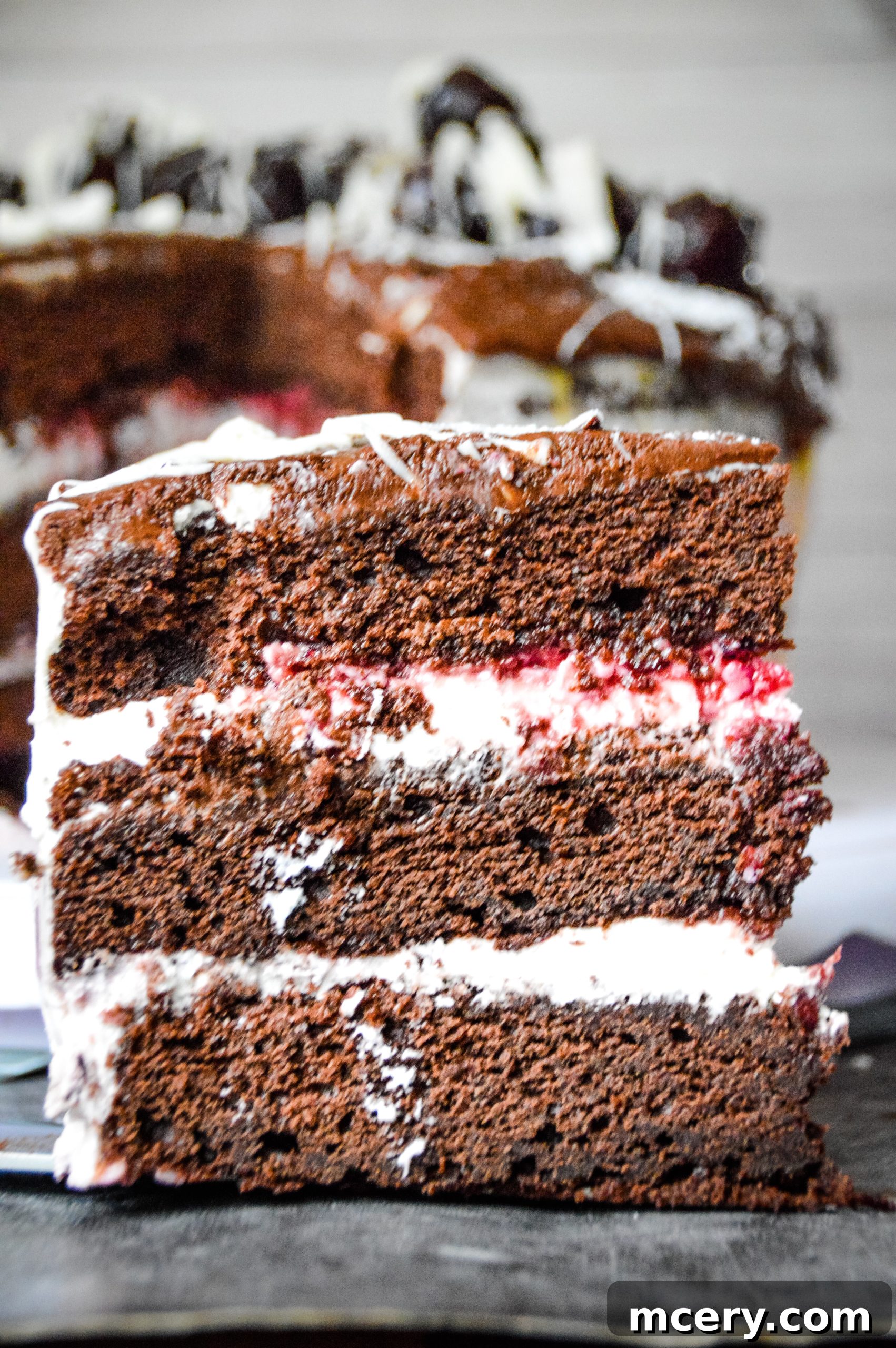 A whole Black Forest Cake adorned with whipped cream, cherries, and chocolate shavings