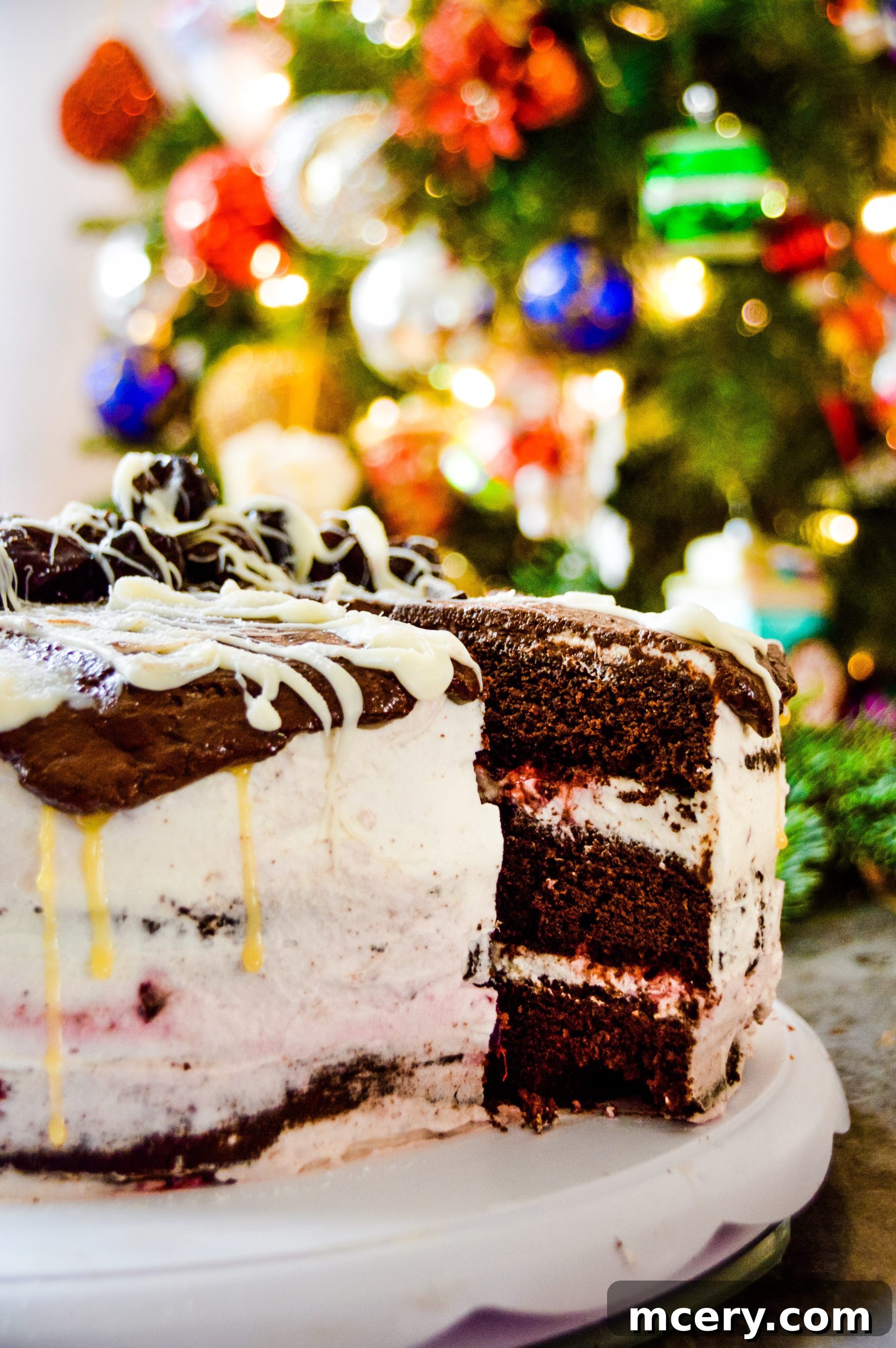 Black Forest Cake with a portion removed, highlighting the layers