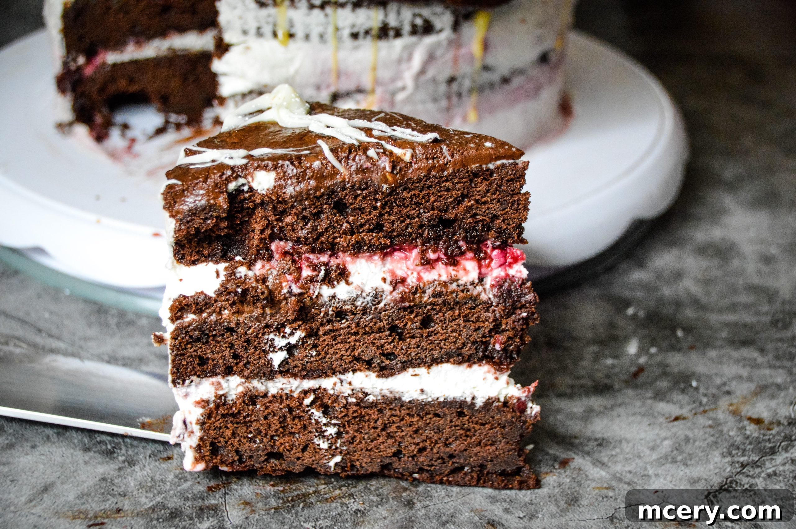 Close-up view of the Black Forest Cake, garnished with fresh cherries and chocolate curls