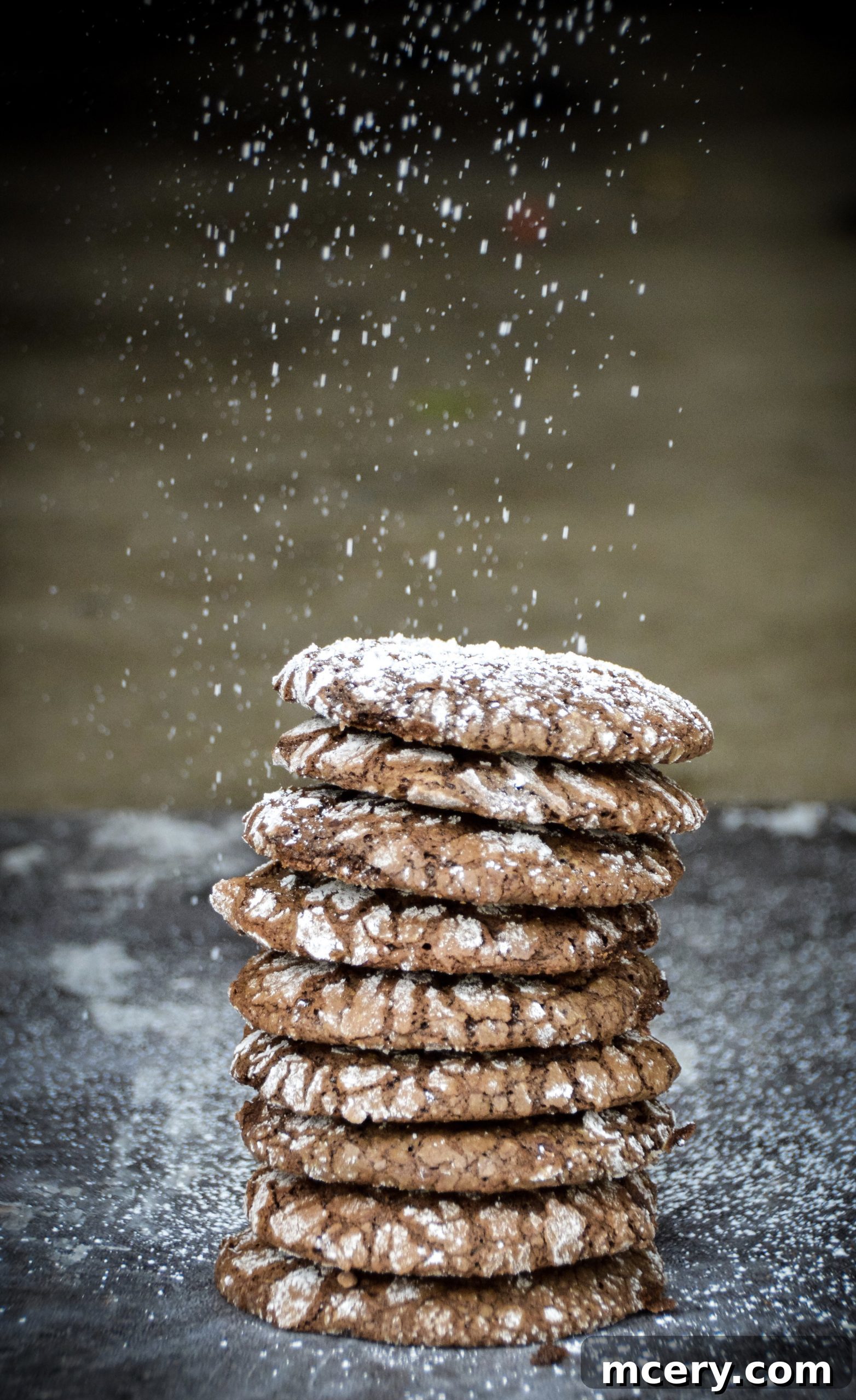 Snowy Chocolate Crinkles 3 Freshly baked chocolate crinkle cookies with beautiful cracks, showing their 'earthquake' effect