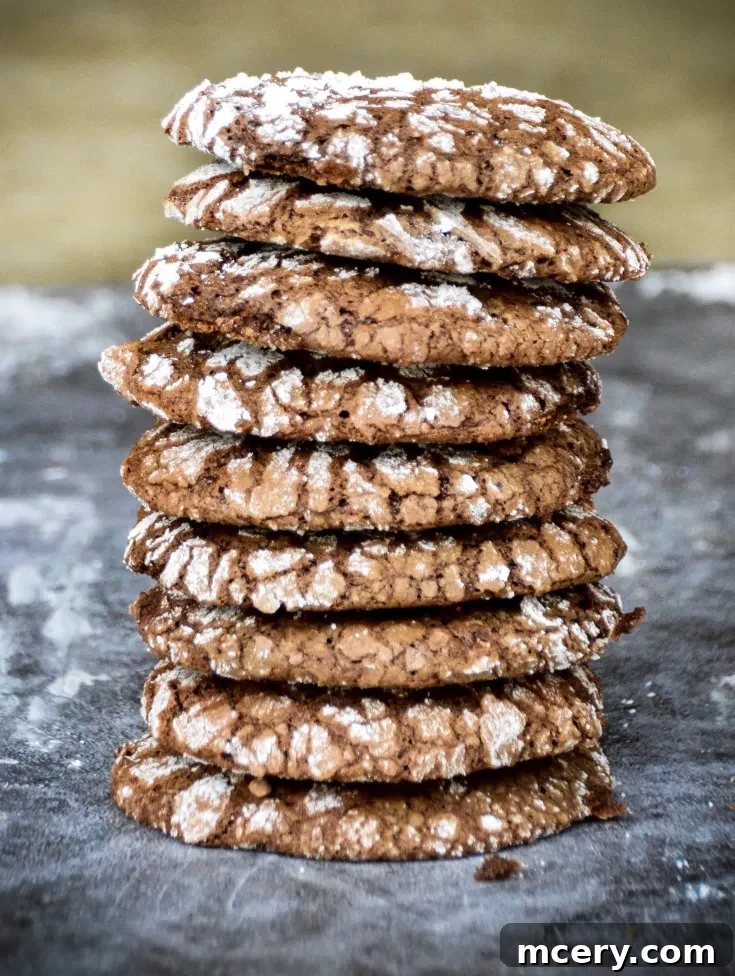 A stack of eight chocolate crinkle cookies dusted with powdered sugar, showcasing their signature cracked surface