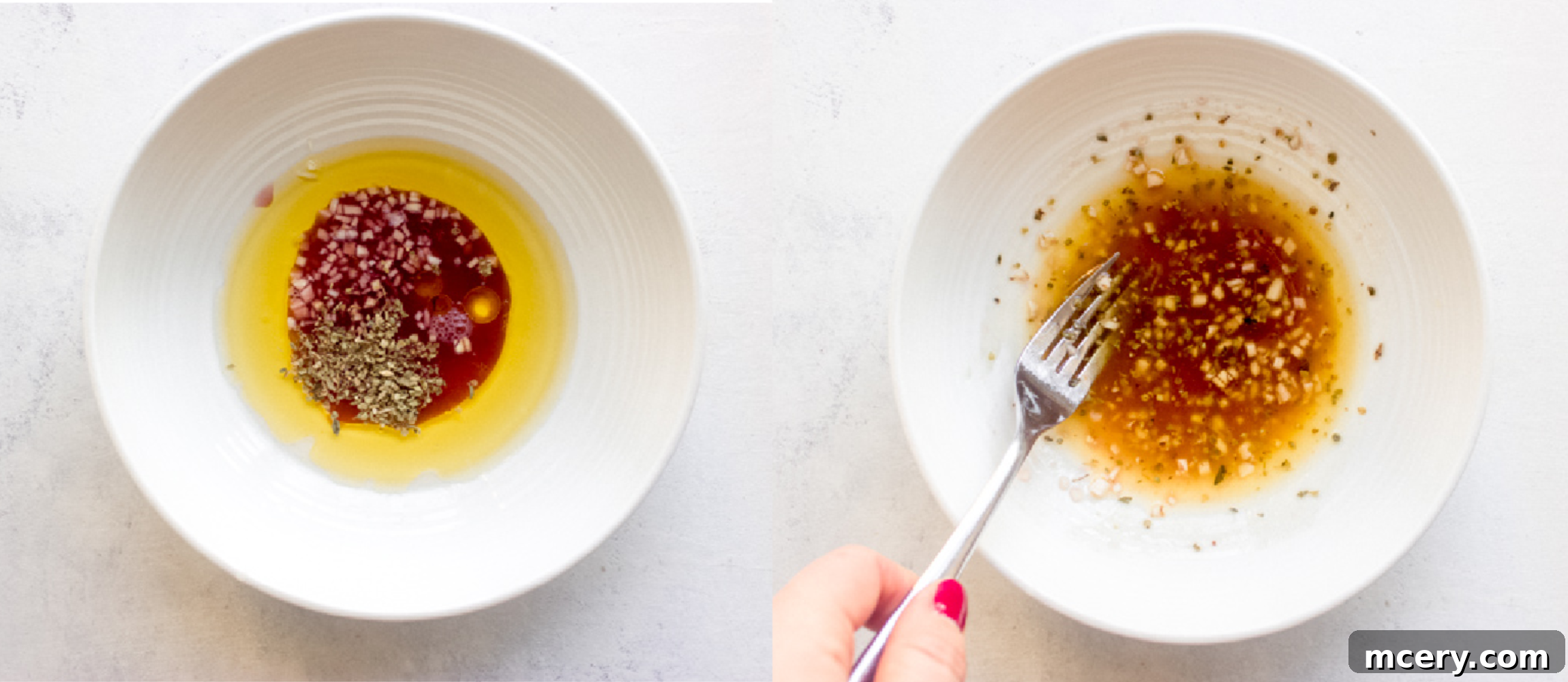 Zesty Greek Skewers 5 greek vinaigrette in a white bowl
