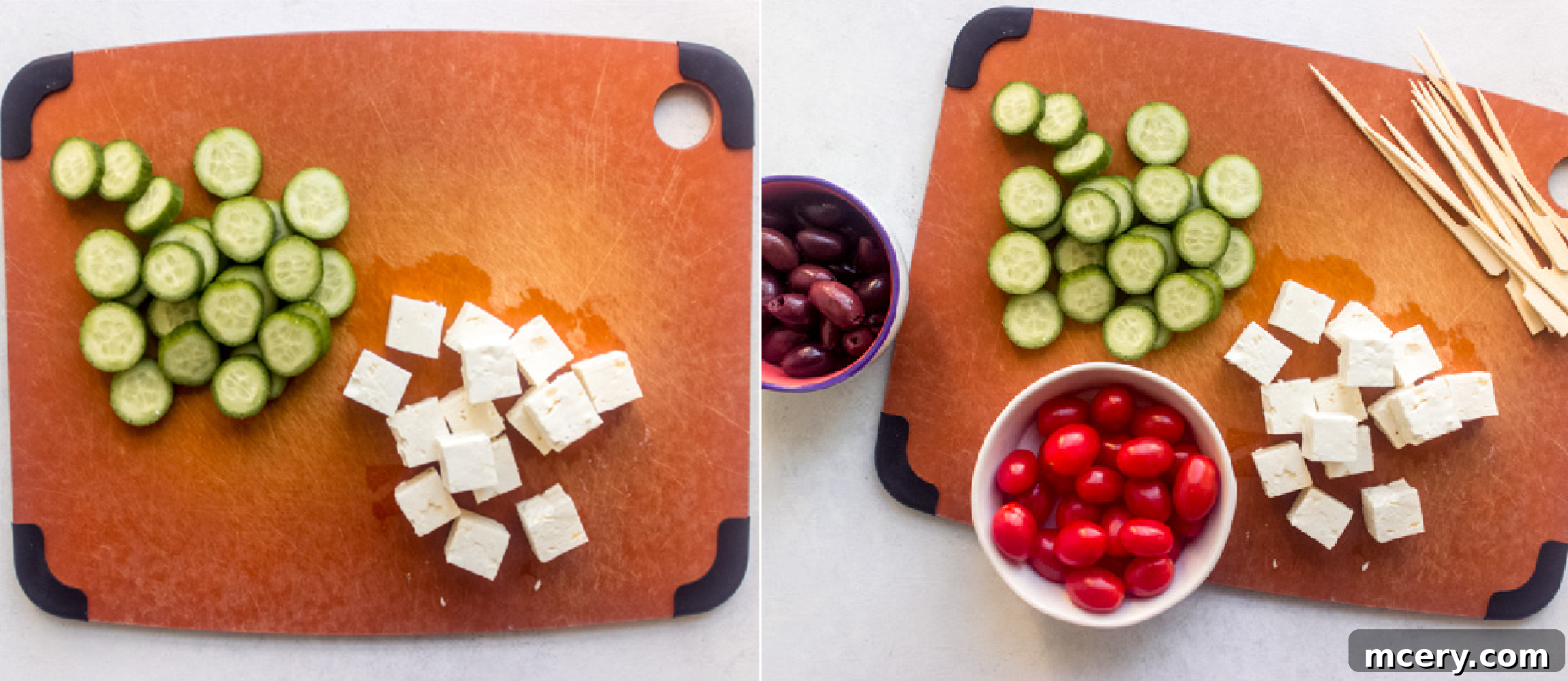 Zesty Greek Skewers 6 cut up feta cheese on a board
