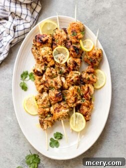 Yogurt Marinated Chicken Kebabs on a platter