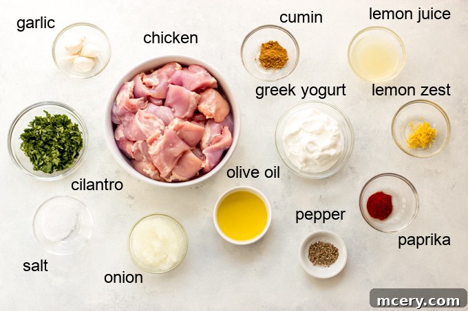 Perfect Chicken Skewer Marinade 3 Ingredients for yogurt marinated chicken kebobs laid out on a surface