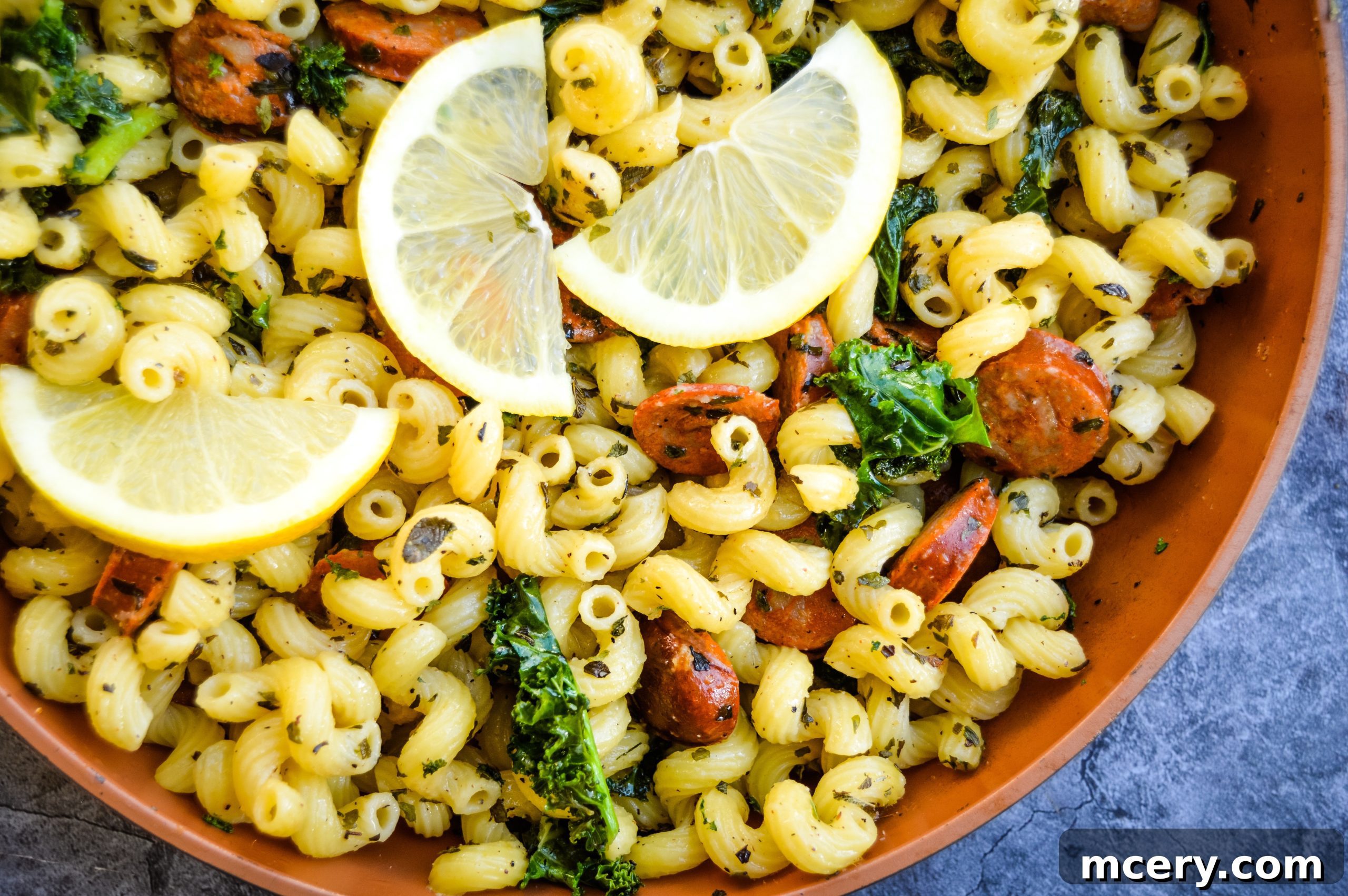 Zesty Lemon Sausage and Kale Pasta 4 Another angle of the Lemon Sausage & Kale Pasta in a serving bowl, ready to be enjoyed.