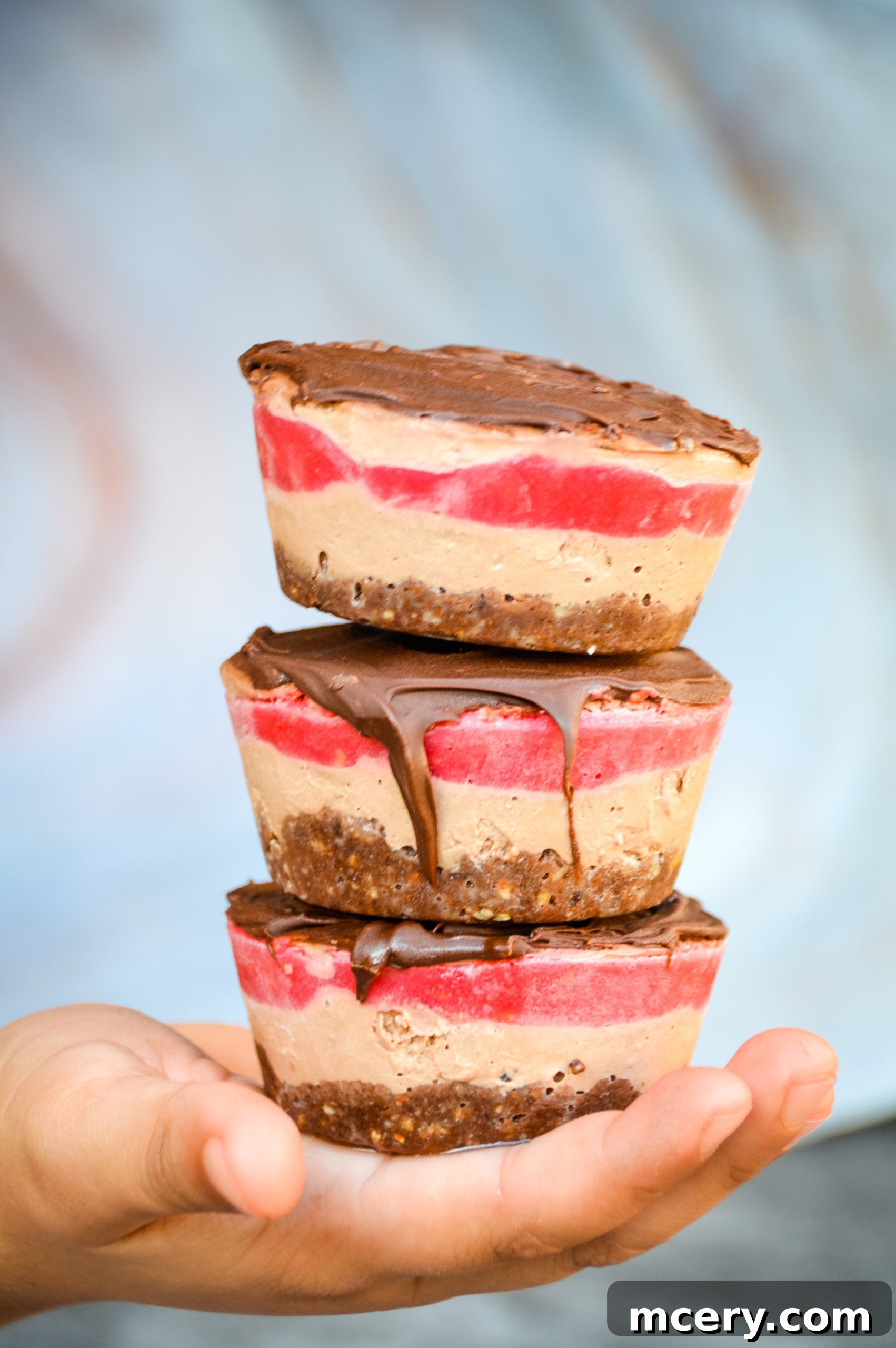 No-Bake Vegan Chocolate Raspberry Cakes in a silicone mold, showing the distinct chocolate and raspberry layers