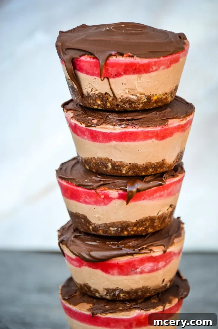 Decadent No-Bake Vegan Chocolate Raspberry Delights 7 A stack of layered No Bake Vegan Chocolate Raspberry Cakes featuring a chocolate topping, red filling, and brown base on a gray background. Each layer has a distinct texture, creating a colorful and decadent appearance.