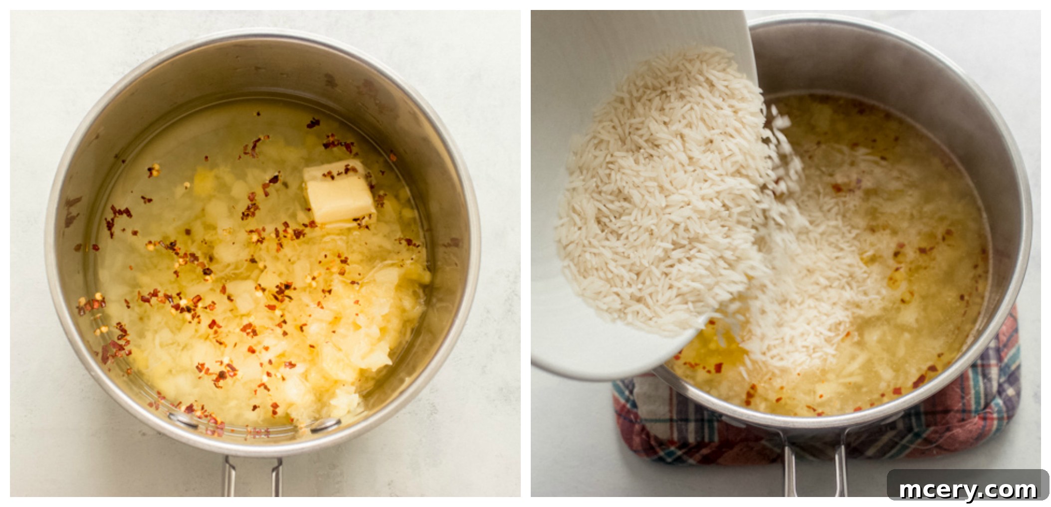 Tropical Pineapple Rice 4 step-by-step image showing how to combine ingredients and simmer pineapple rice in a saucepan