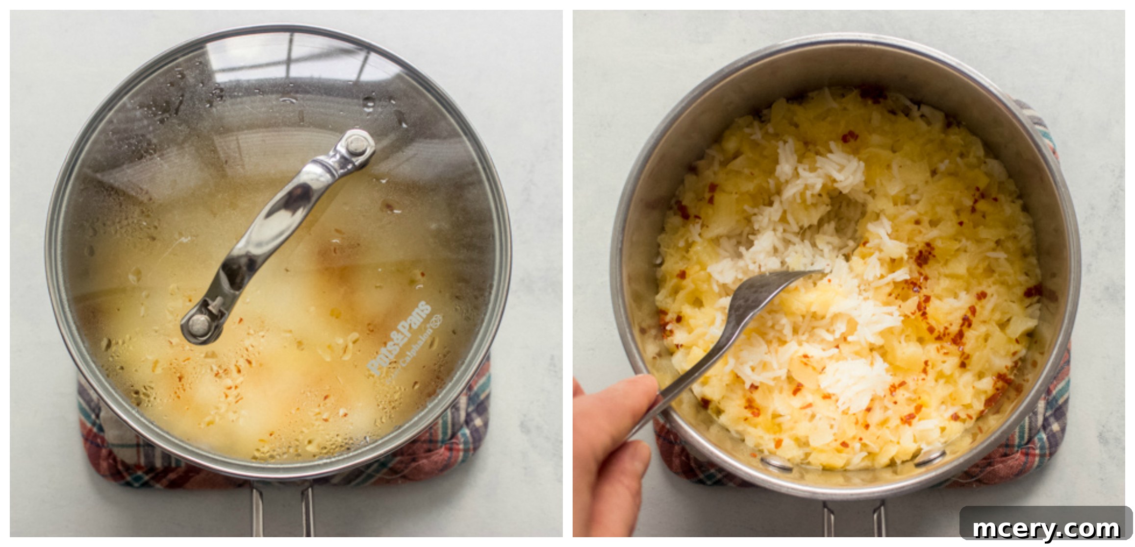 Tropical Pineapple Rice 5 cooked tropical rice resting in a saucepan with the lid on, steaming