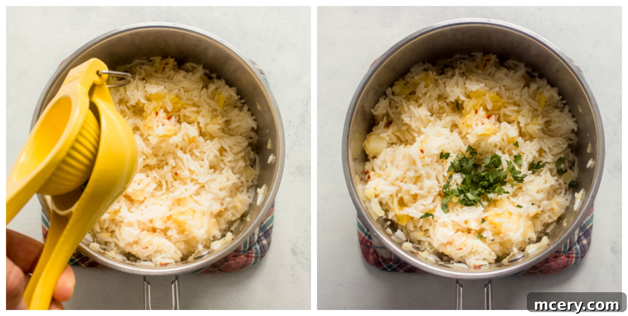 Tropical Pineapple Rice 6 fluffed pineapple rice recipe with lime and cilantro mixed in, ready to serve