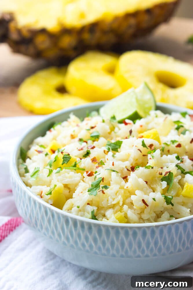 Tropical Pineapple Rice 10 Close-up of tropical pineapple rice ready to be served, garnished with fresh cilantro