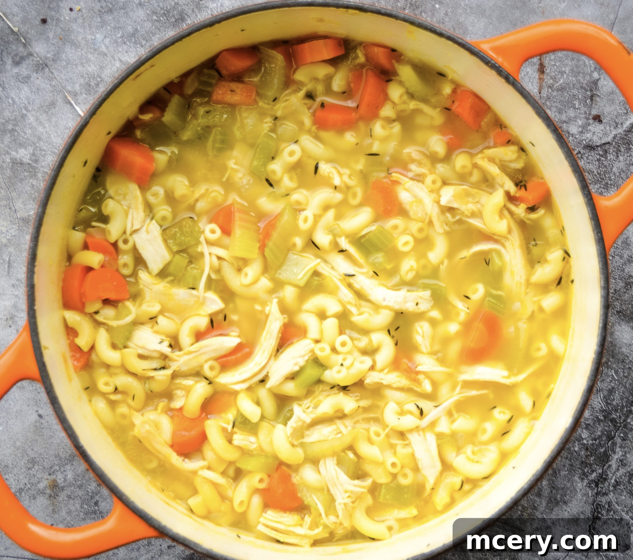 A close-up shot of a steaming bowl of homemade chicken noodle soup, garnished with fresh herbs, ready to be enjoyed.