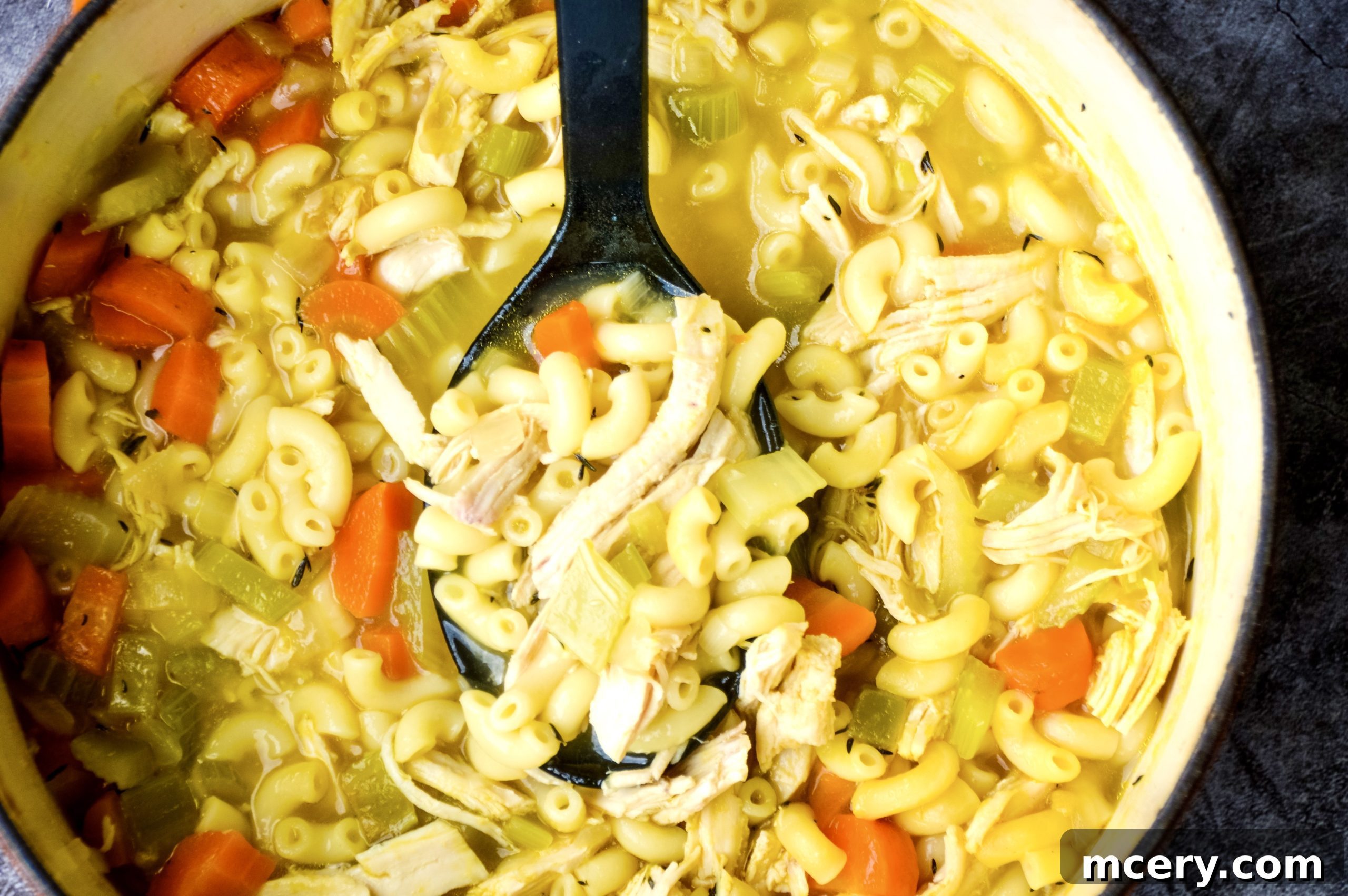 Close-up of the vibrant chicken noodle soup ingredients simmering gently in a large pot on a stovetop.