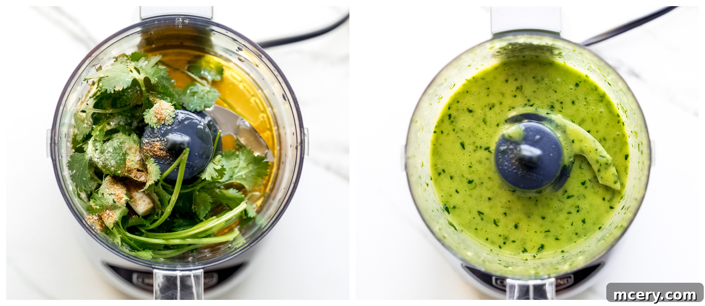 Bright Cilantro Lime Dressing 4 Vinaigrette ingredients being blended in a food processor