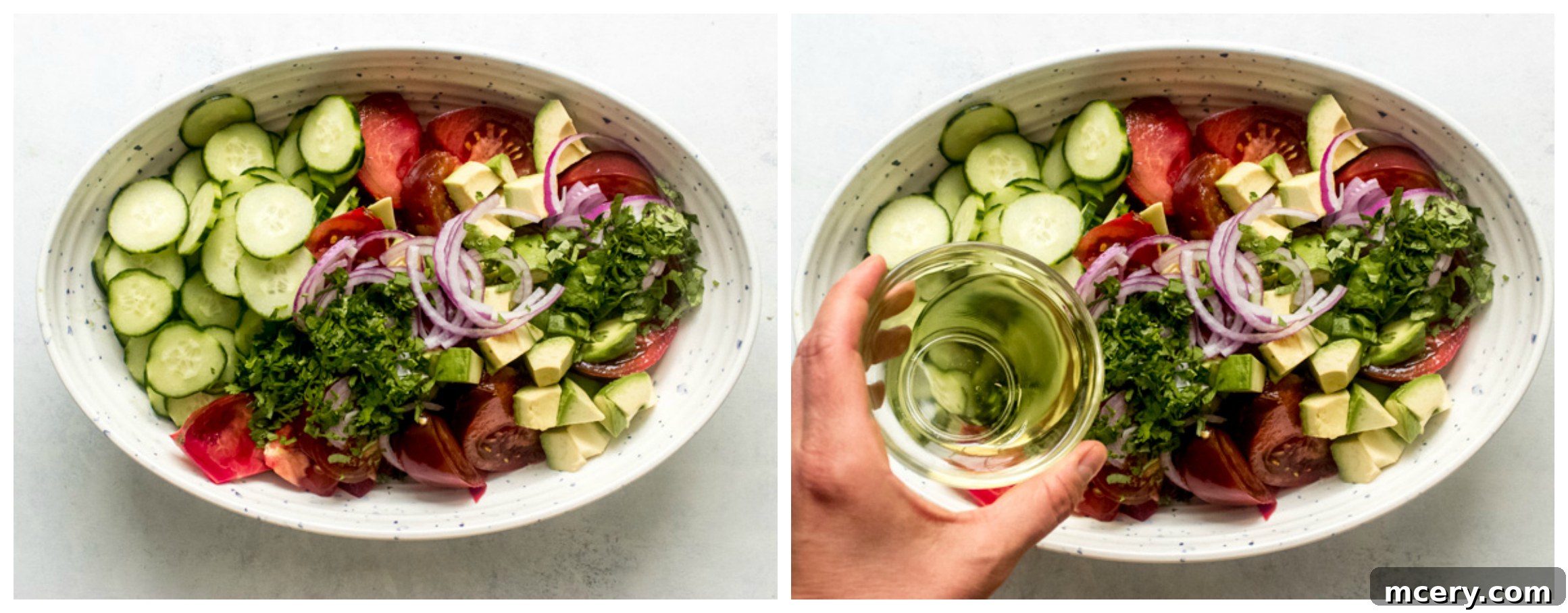 Heirloom Tomato Harvest Salad 5 All salad ingredients, including heirloom tomatoes, cucumbers, avocado, and red onions, mixed together in a large bowl before dressing