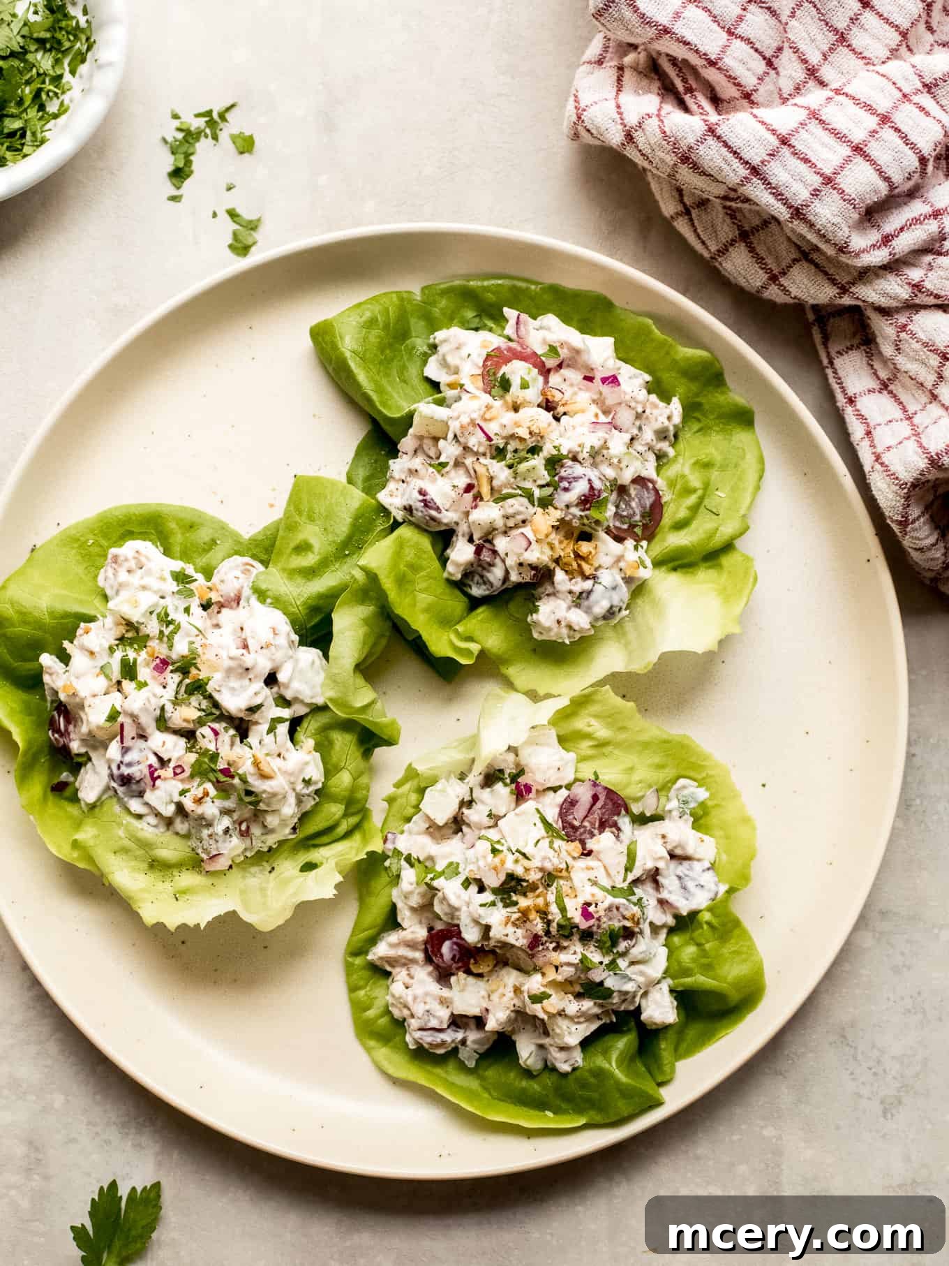 Crisp Apple Chicken Salad 2 Delightful chicken salad featuring crisp Granny Smith apples and crunchy walnuts, perfect for a refreshing meal.