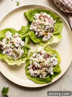 A beautifully presented apple walnut chicken salad, ready to be served.