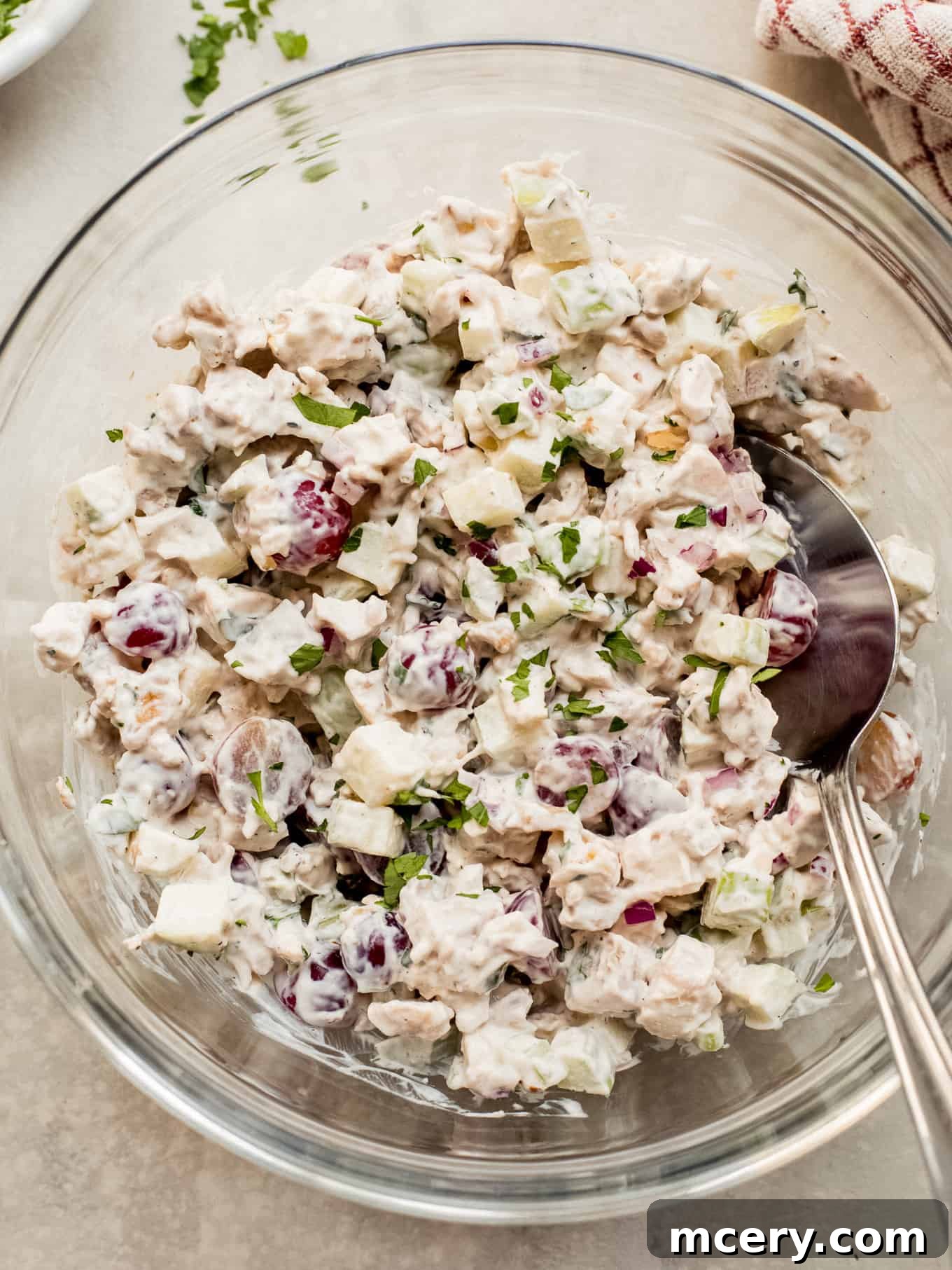 Crisp Apple Chicken Salad 3 Close-up of creamy chicken salad with vibrant pieces of apple, a perfect dish for easy meal prep.