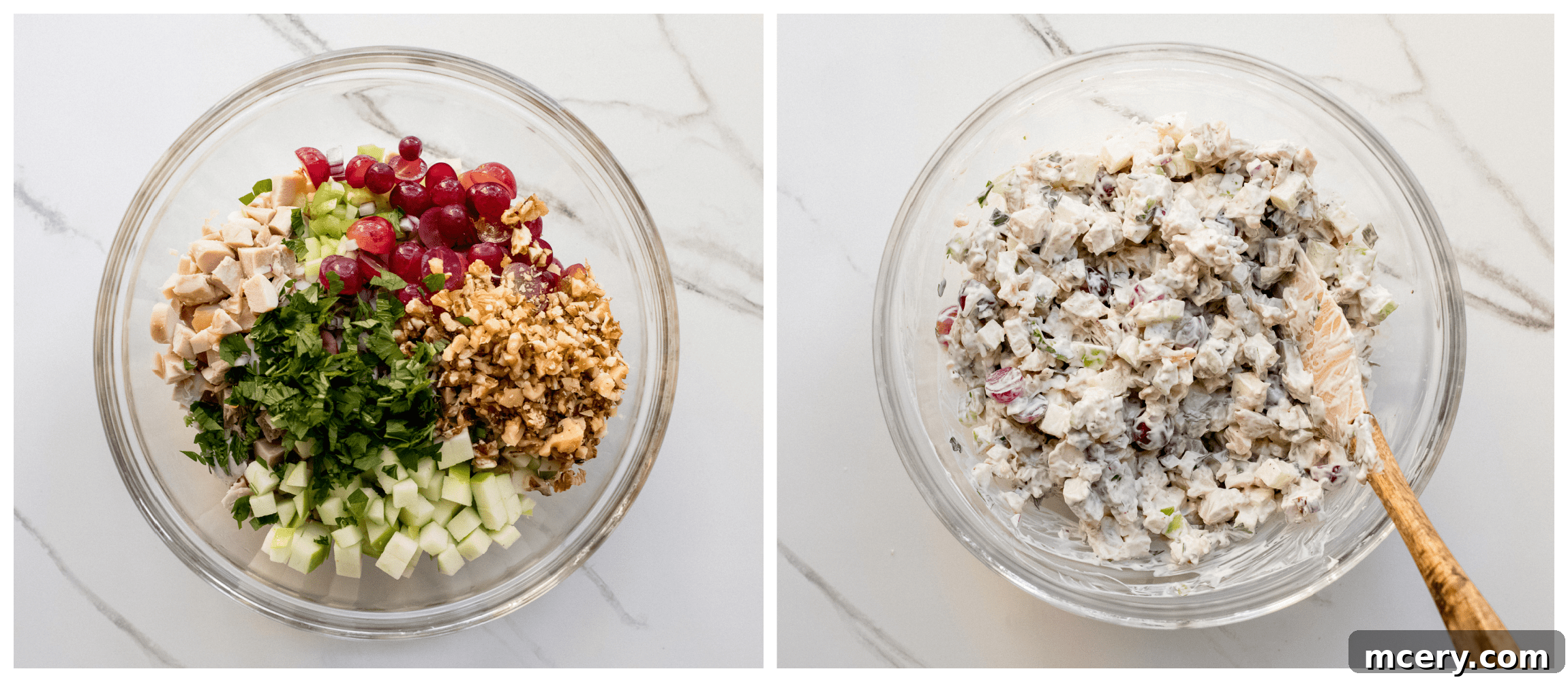 Crisp Apple Chicken Salad 6 A bowl of freshly mixed chicken salad with apples and walnuts, coated in creamy dressing and ready for chilling.