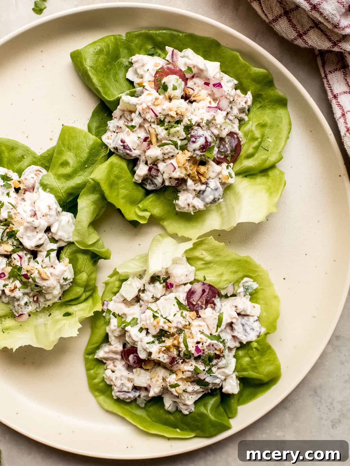 Crisp Apple Chicken Salad 7 A large serving of creamy apple walnut chicken salad, perfect for meal prepping a week of healthy lunches.