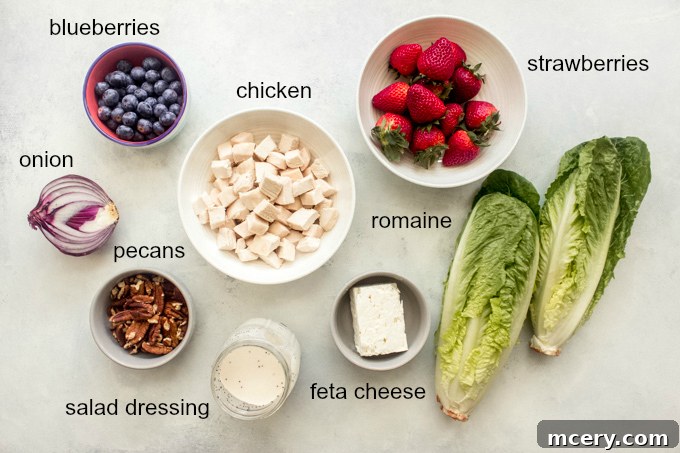 Refreshing Panera Strawberry Salad 4 Ingredients laid out for Panera-inspired strawberry poppyseed salad, including lettuce, chicken, berries, onion, pecans, and feta.