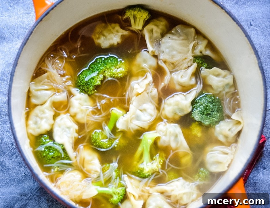 Wonton Soup In A Flash 3 Close-up shot of wonton soup with broccoli florets and noodles visible in a clear broth.