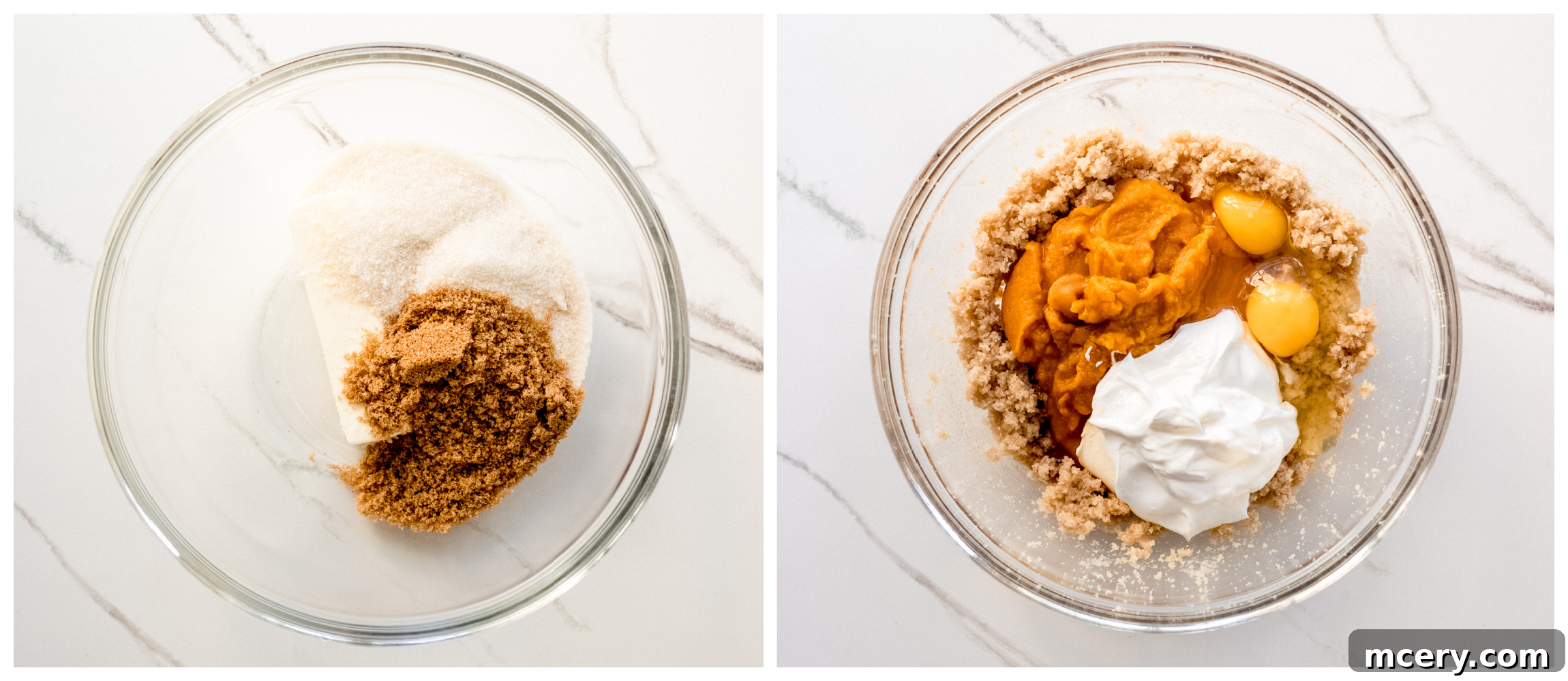 Spiced Pumpkin Sheet Cake 5 Wet ingredients combined in a mixing bowl for pumpkin cake batter.