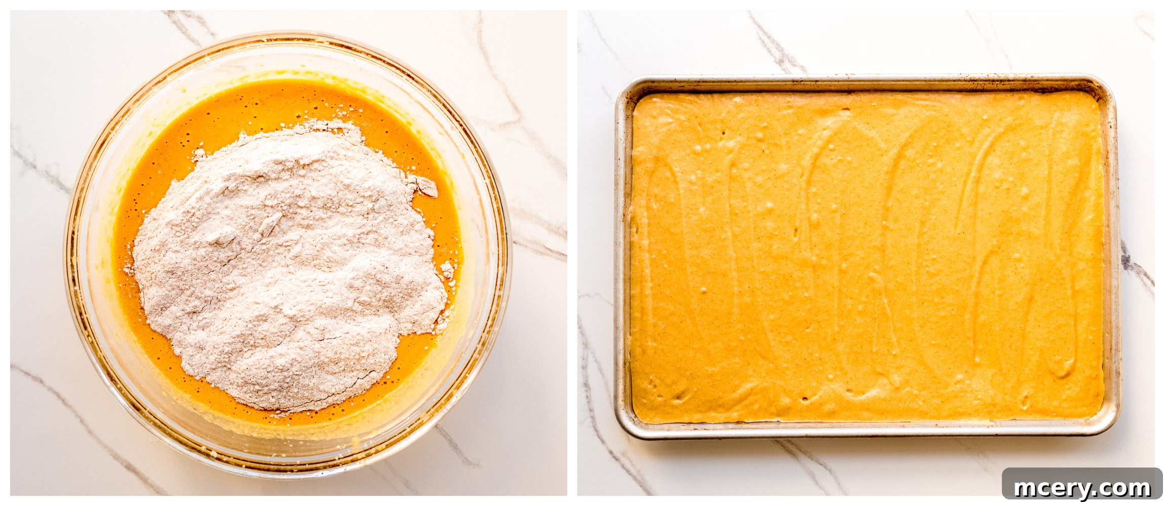 Spiced Pumpkin Sheet Cake 6 Pumpkin cake batter spread evenly in a sheet pan before baking.