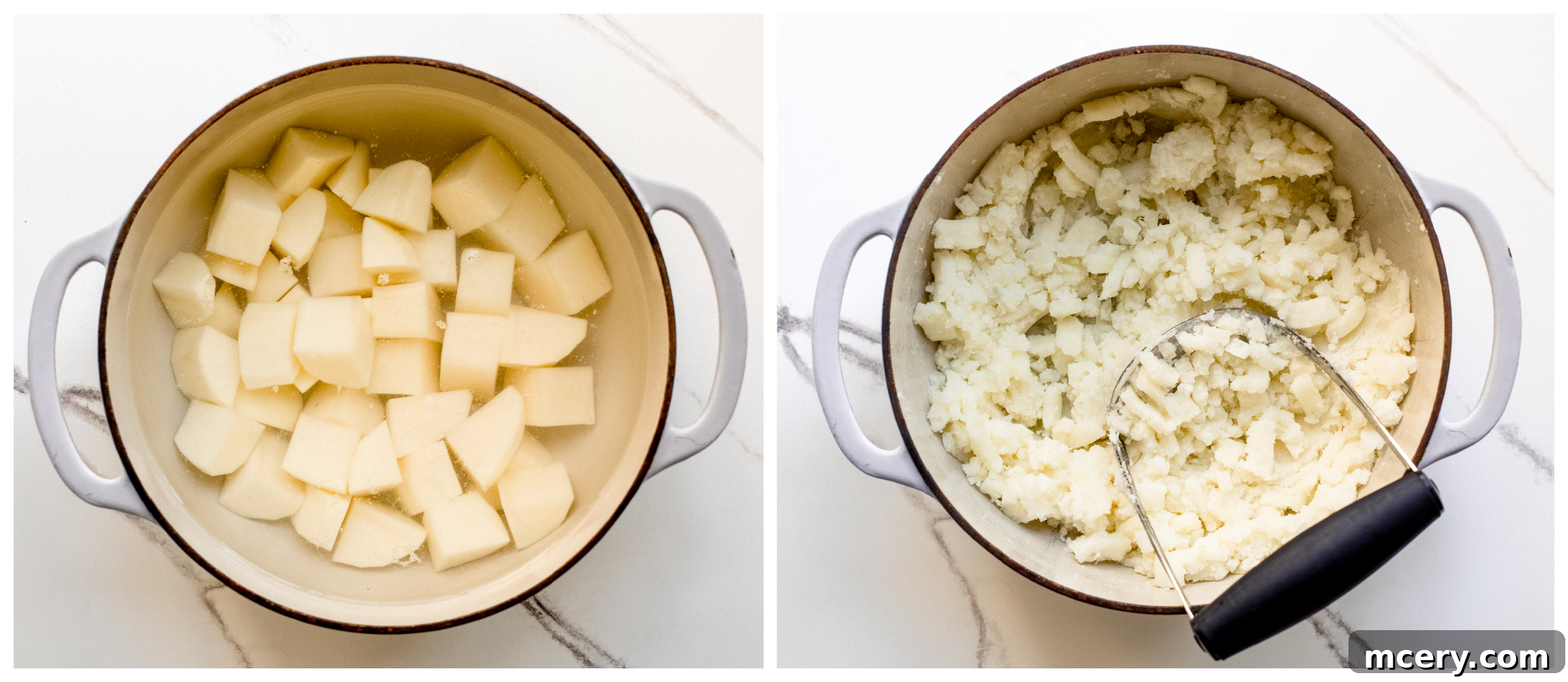 Turkey Shepherds Pie 6 Cooked and mashed potatoes in a pot, ready for topping.