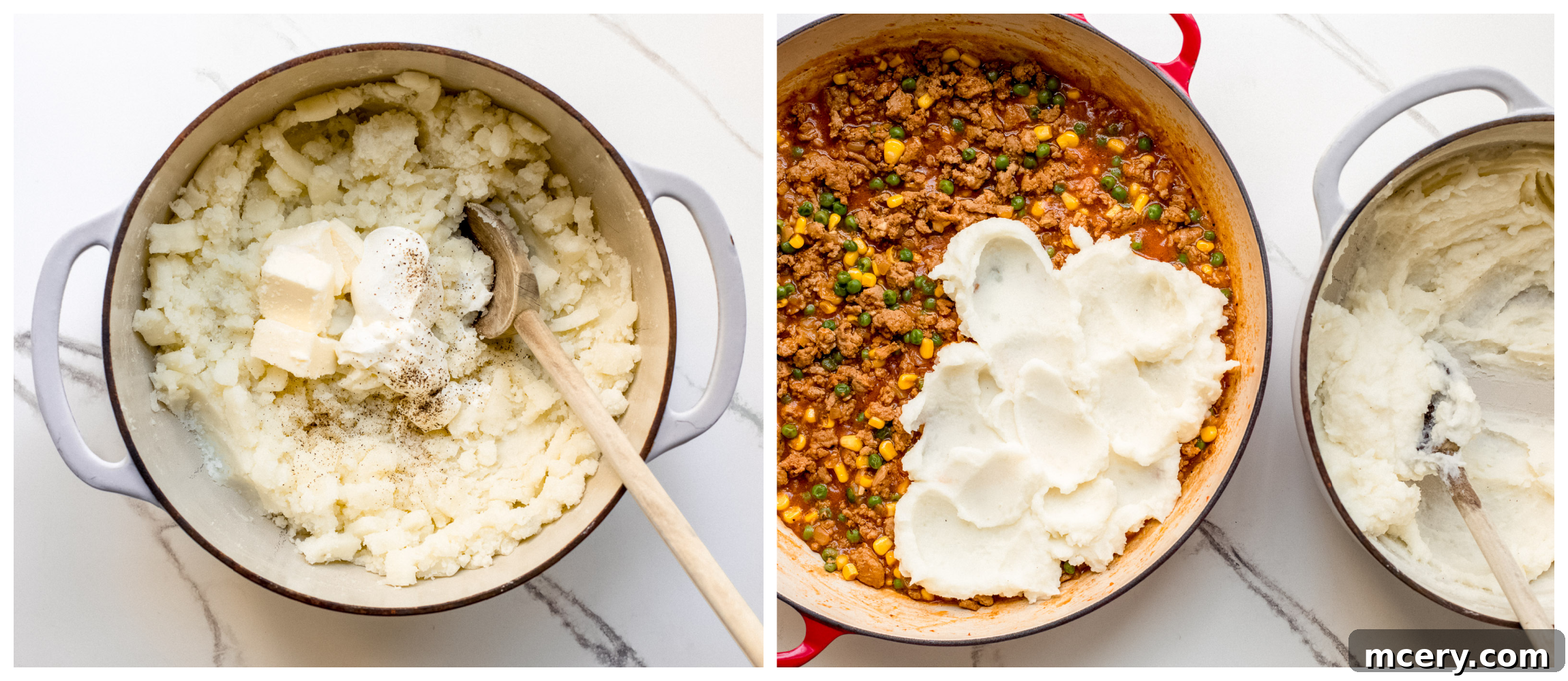 Turkey Shepherds Pie 7 Assembled shepherd's pie with mashed potatoes on top, ready for baking.