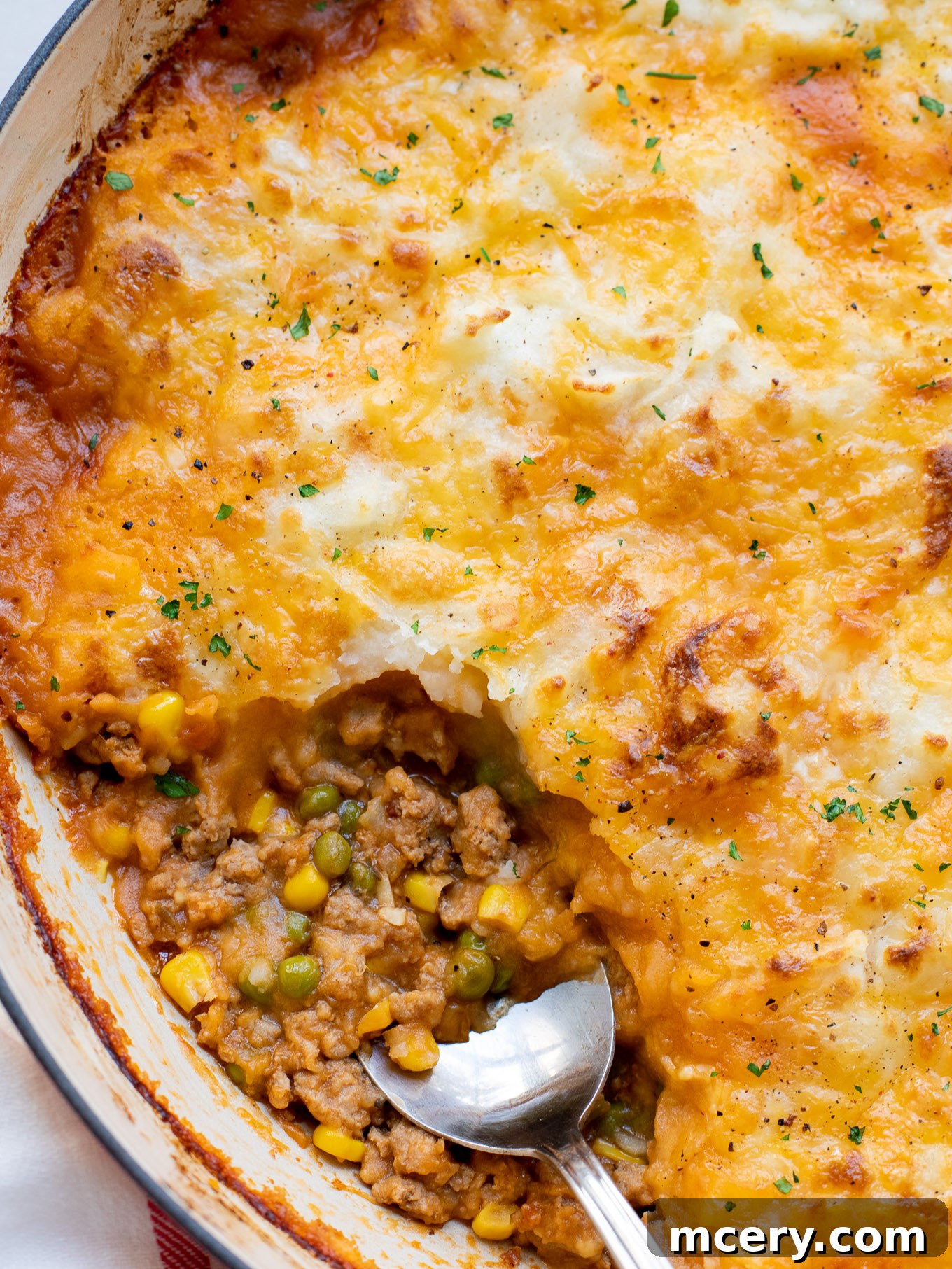 Turkey Shepherds Pie 9 A healthy turkey shepherd's pie plated with a garnish of fresh herbs.