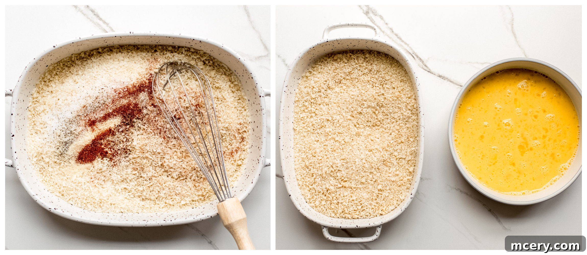 Breading mixture and egg wash prepared for chicken coating.
