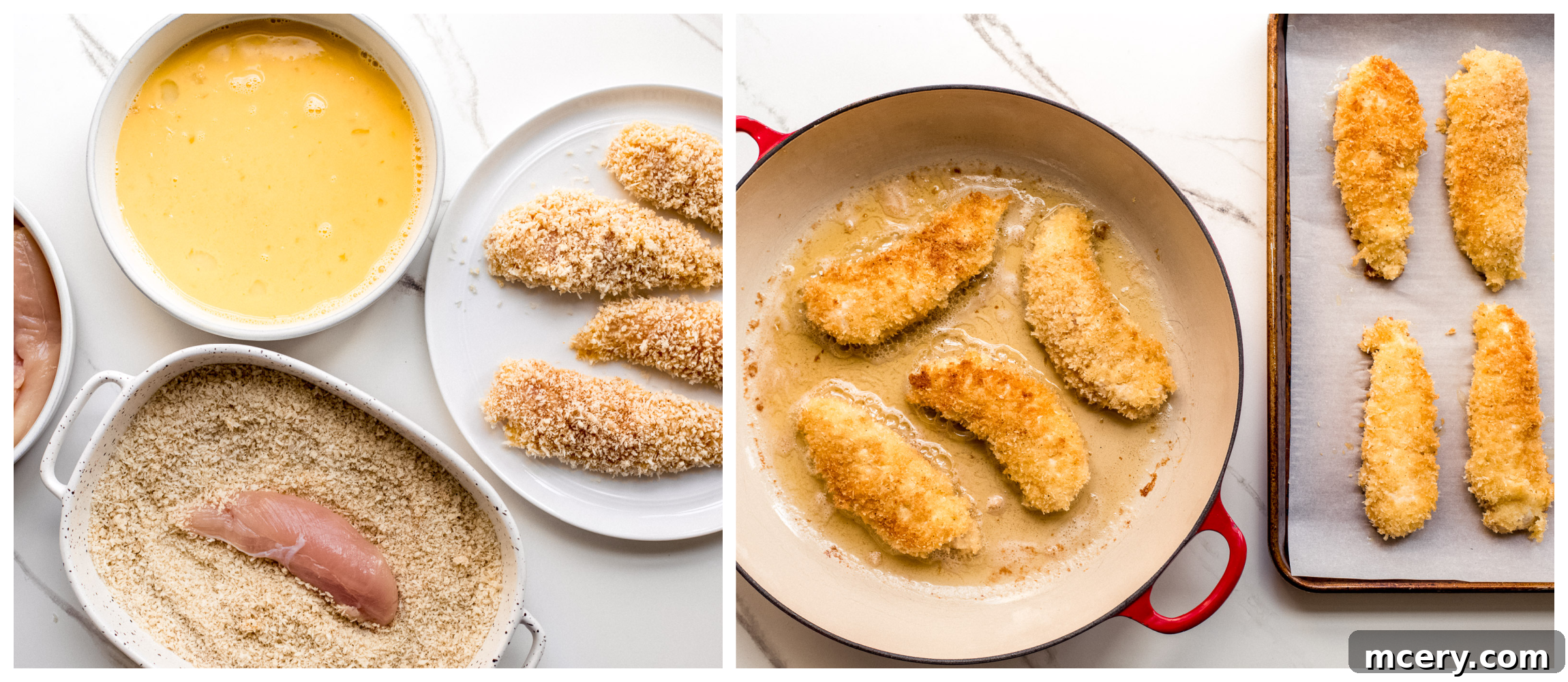 Chicken tenders coated in breading, ready for searing in a skillet.