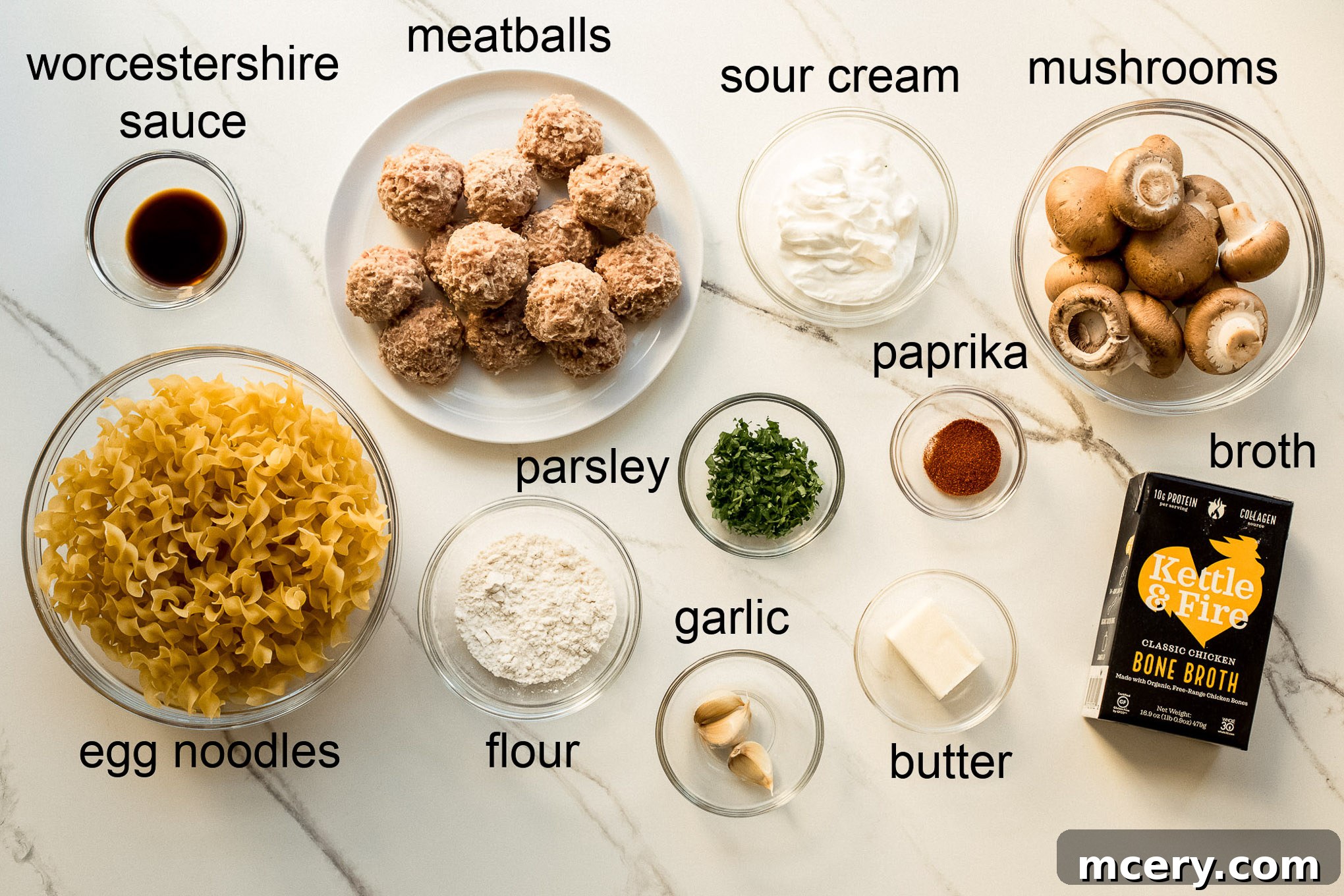 Creamy Chicken Meatball Stroganoff 3 ingredients for meatball stroganoff with chicken meatballs.