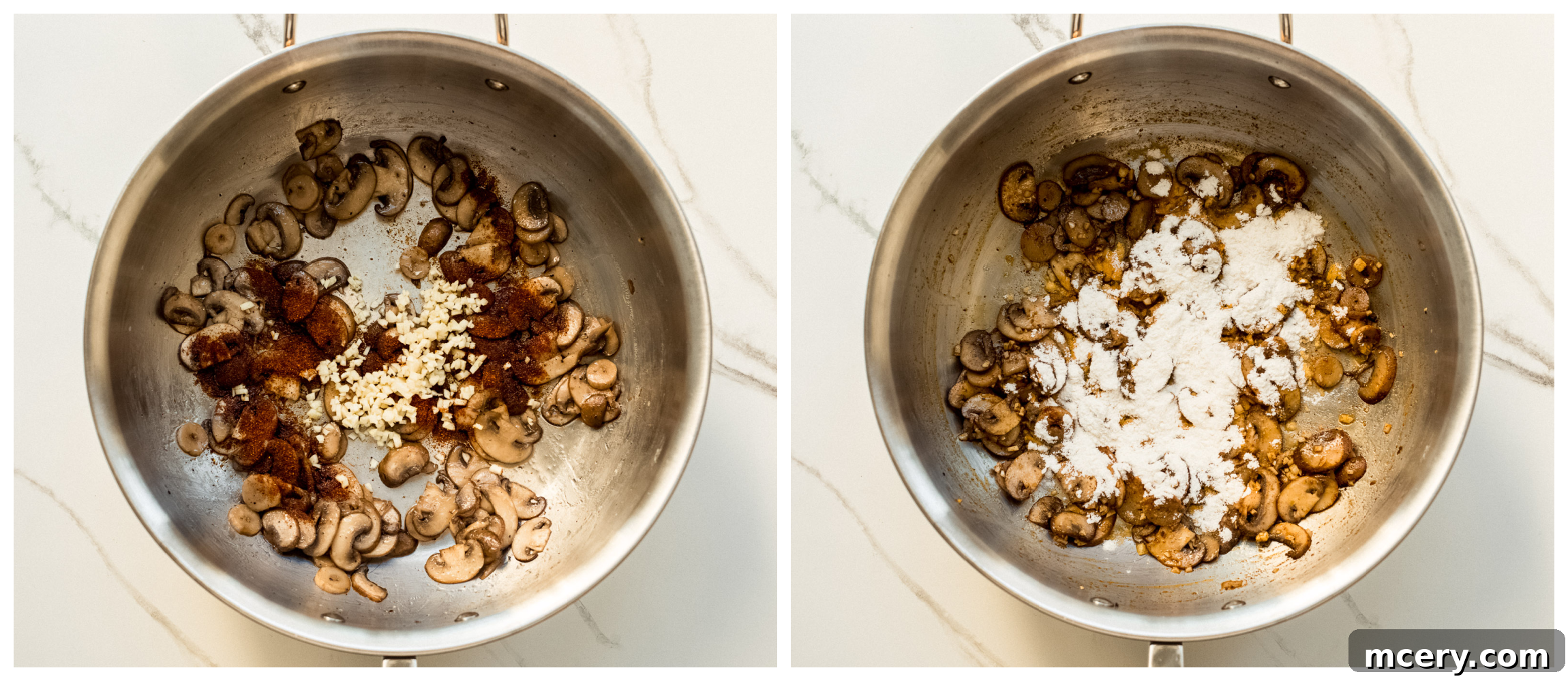 Creamy Chicken Meatball Stroganoff 4 cooked mushrooms in a pan.