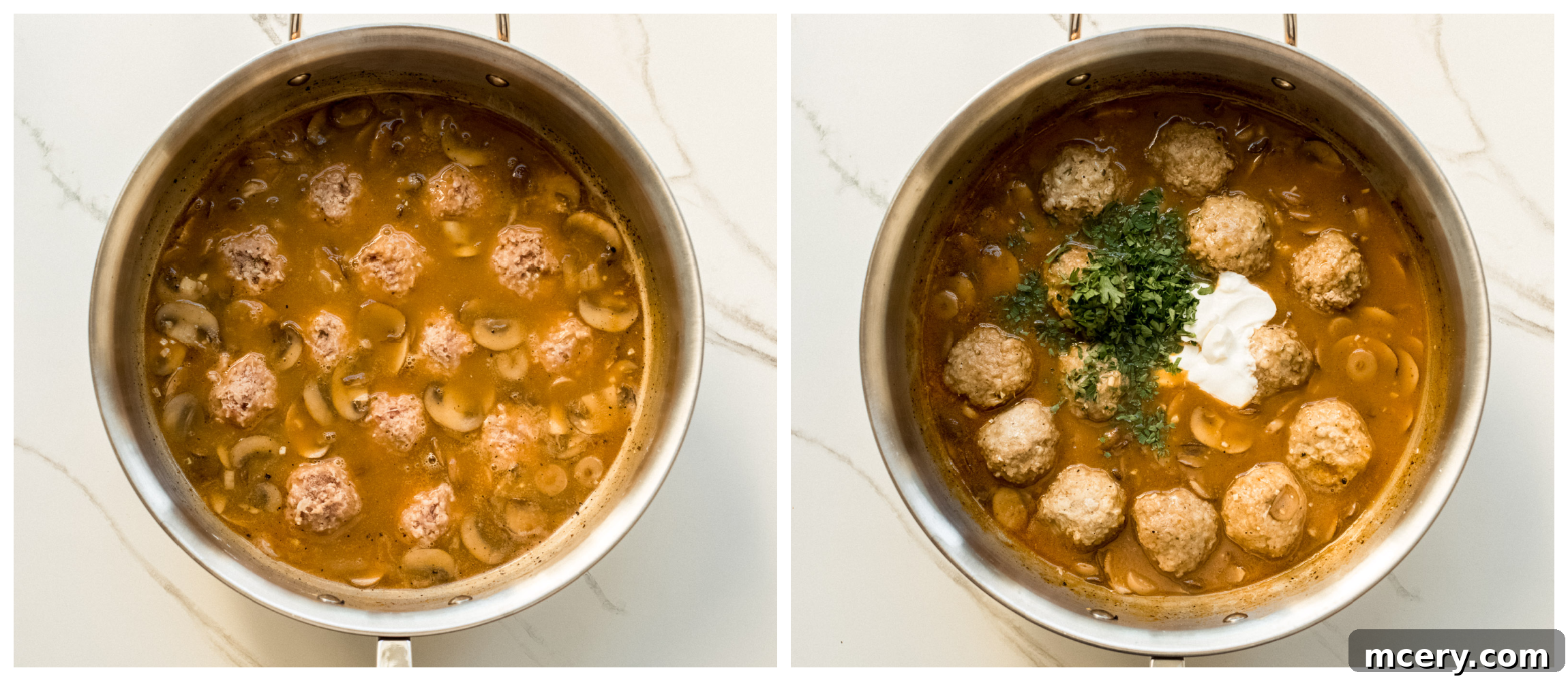 Creamy Chicken Meatball Stroganoff 5 meatballs in stroganoff sauce.